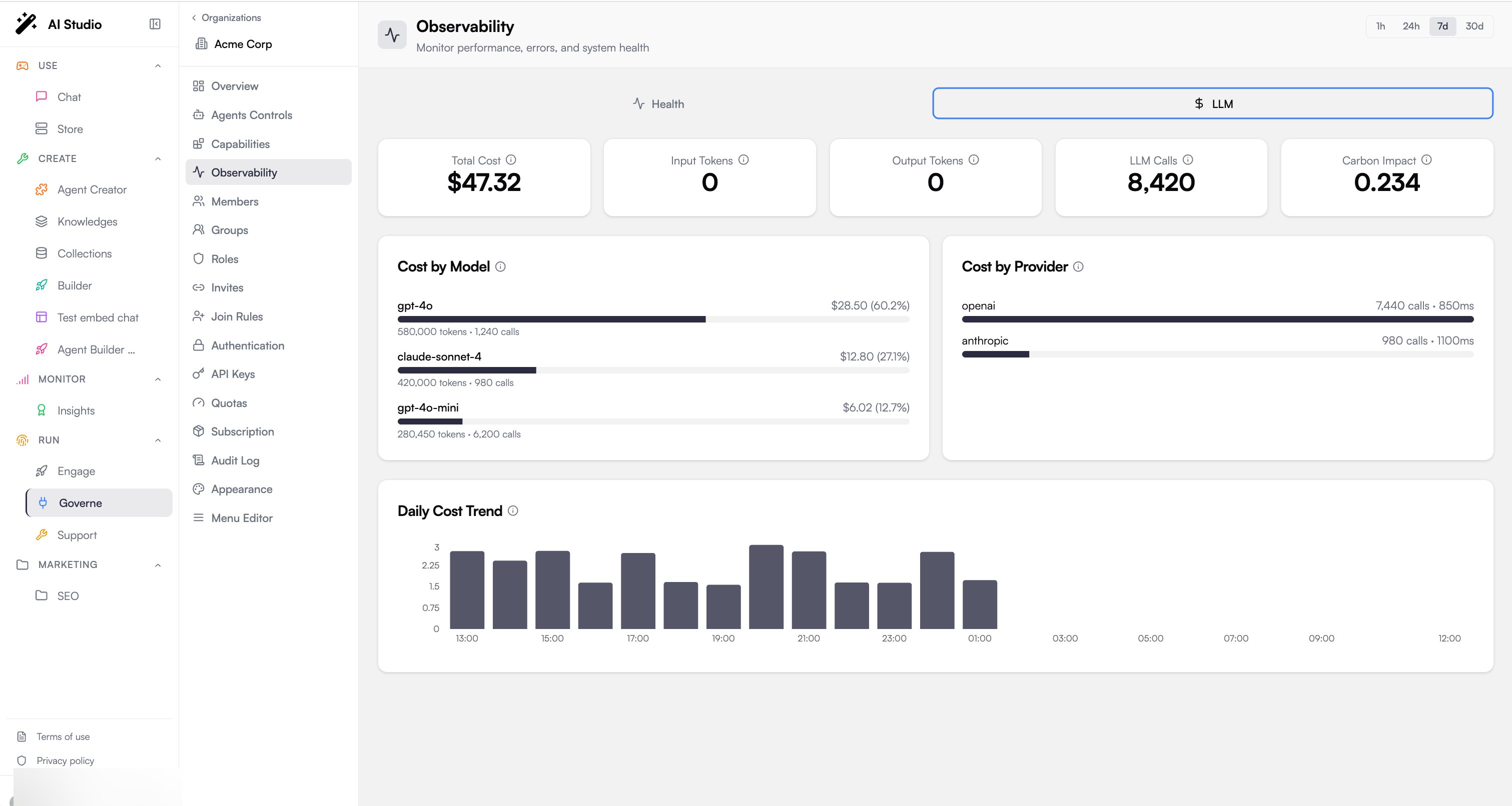 LLM cost and usage tab