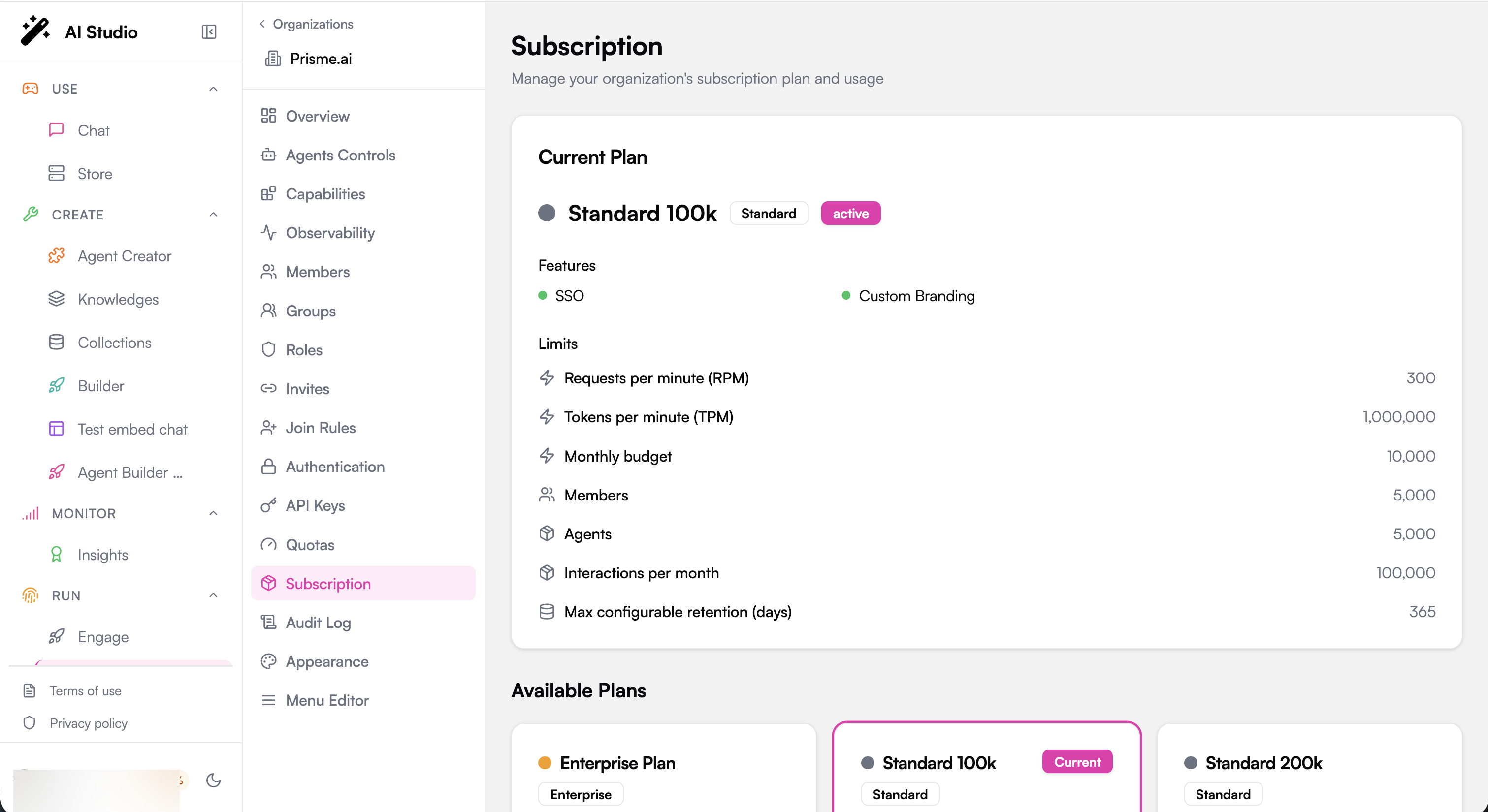 Organization subscription view showing the current plan, limits and features