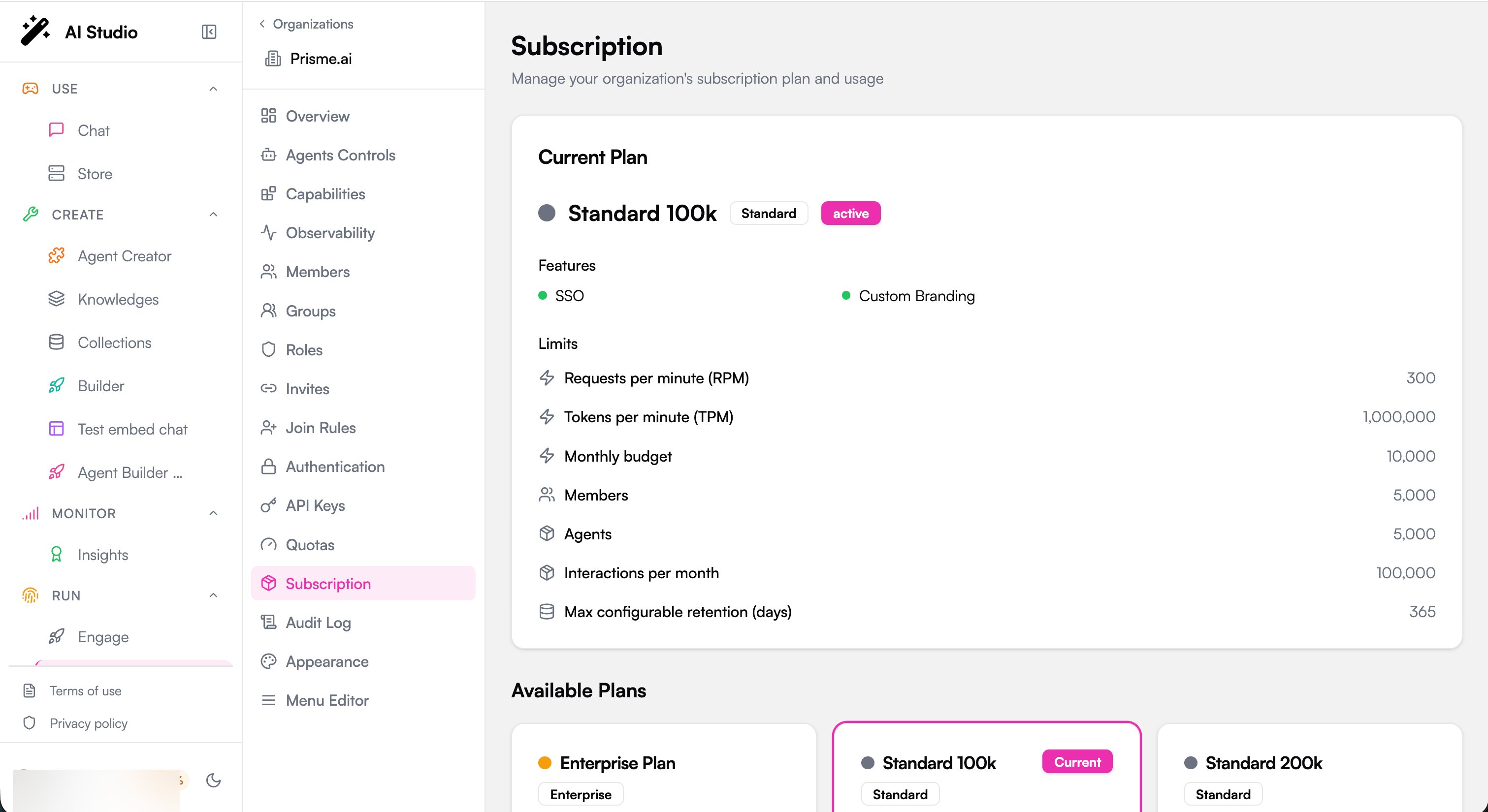 Organization subscription view showing the current plan, limits and features