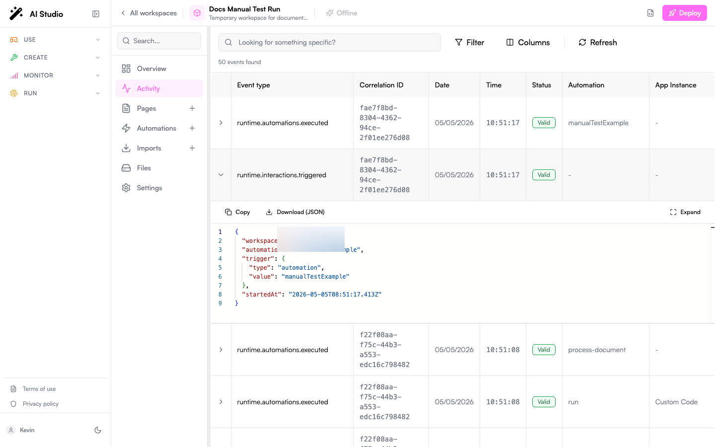 Activity tab showing recent runs of process-document and the Custom Code app, with one row expanded to reveal the JSON payload