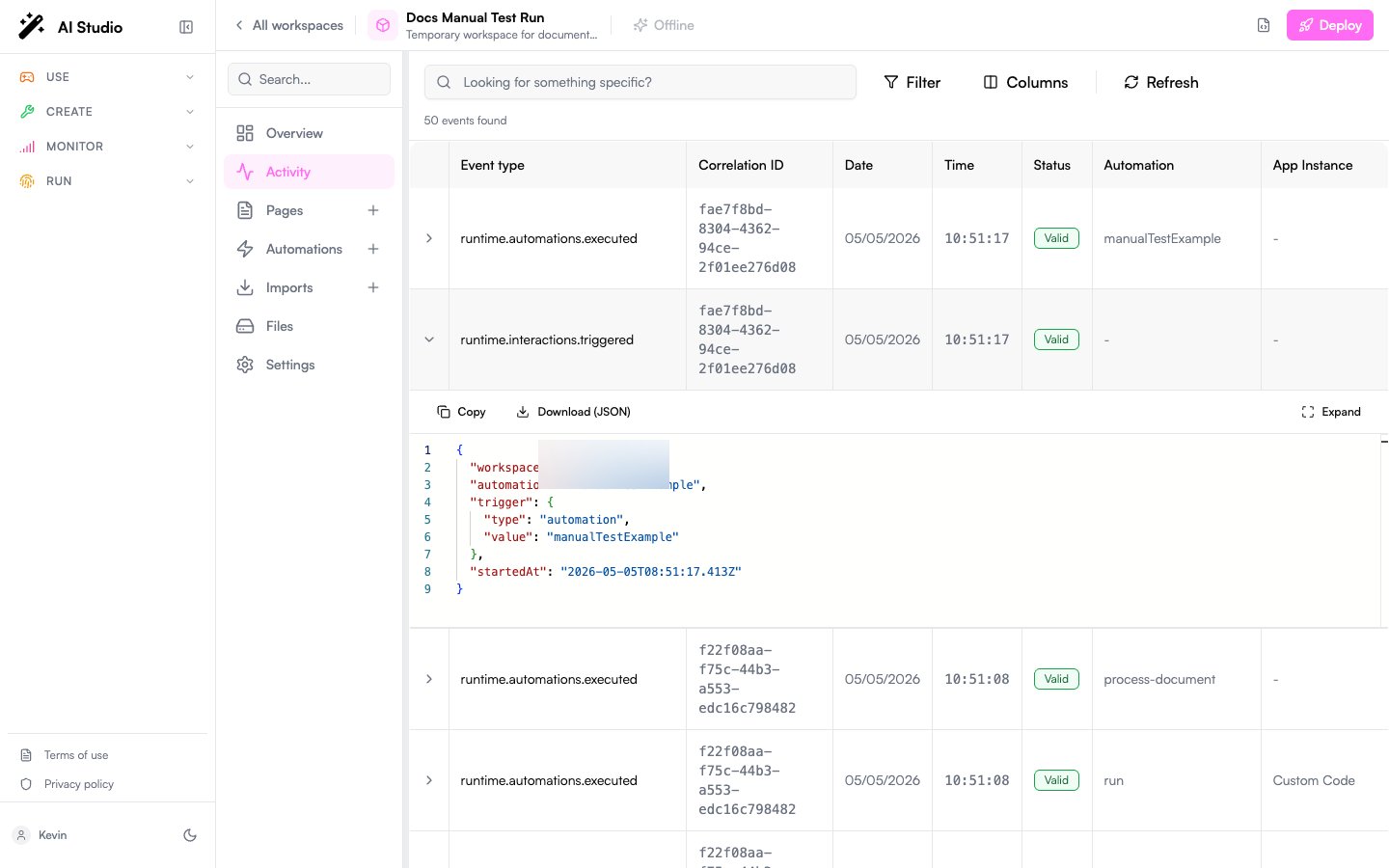 Activity tab showing recent runs of process-document and the Custom Code app, with one row expanded to reveal the JSON payload