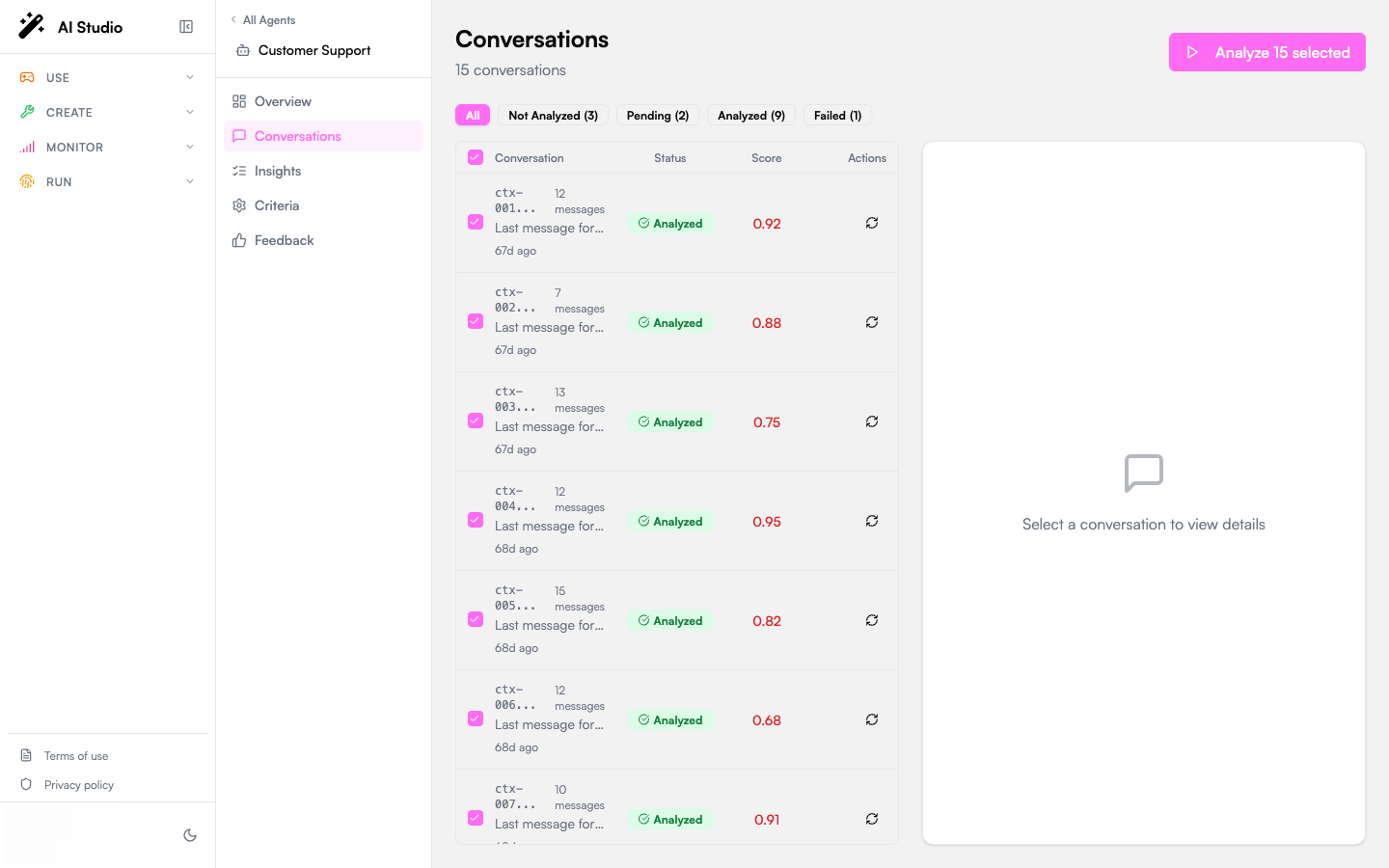 Conversations table with multiple rows selected and the Analyze N selected button visible