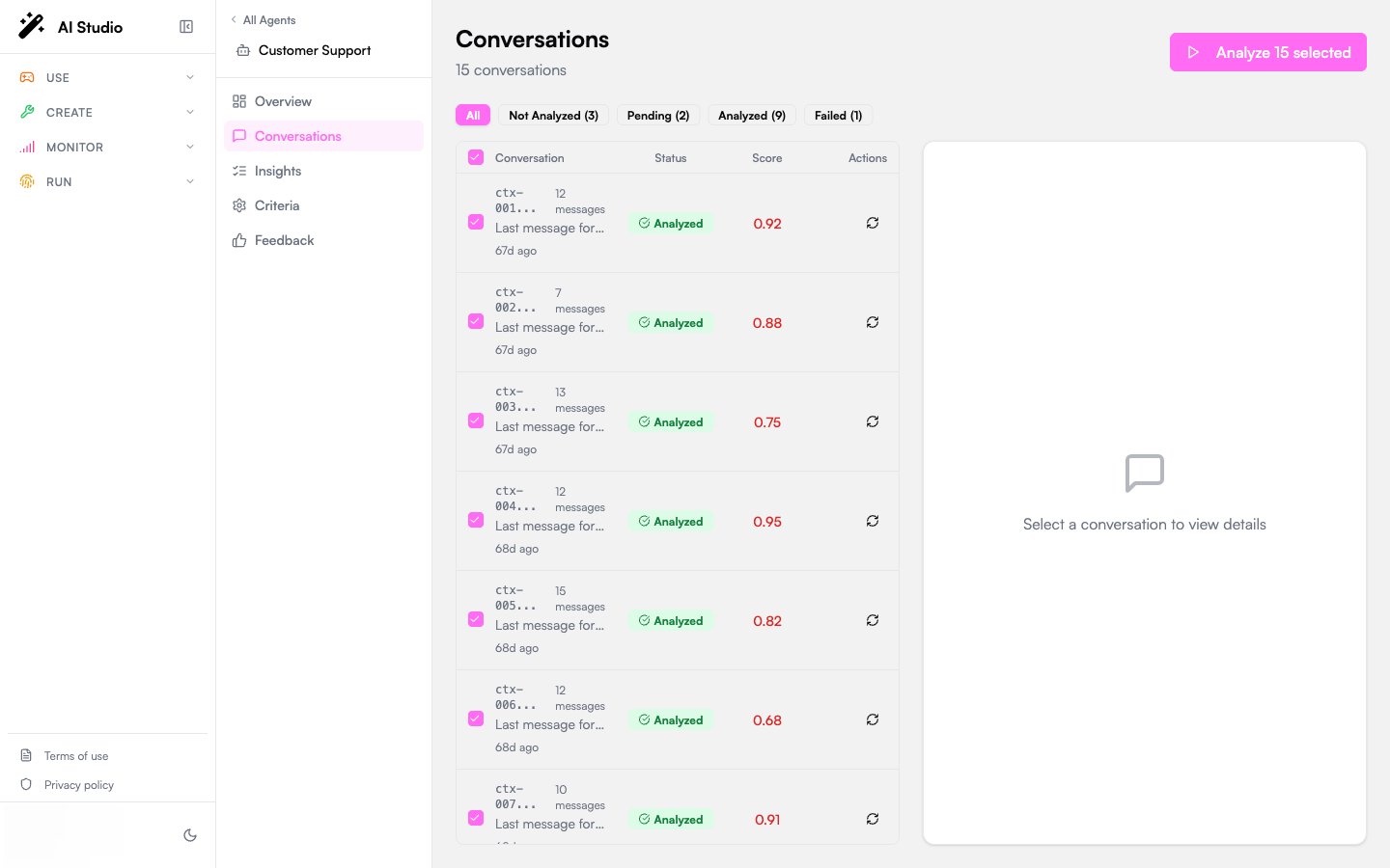 Conversations table with multiple rows selected and the Analyze N selected button visible