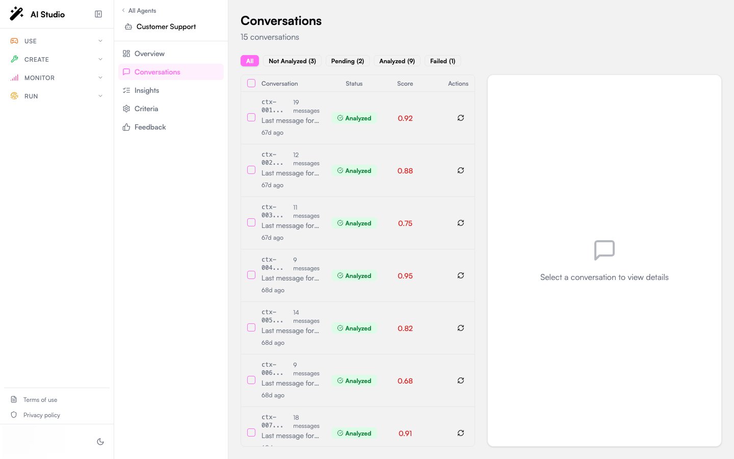 Conversations page with the status filter strip, conversation table, and detail panel showing messages