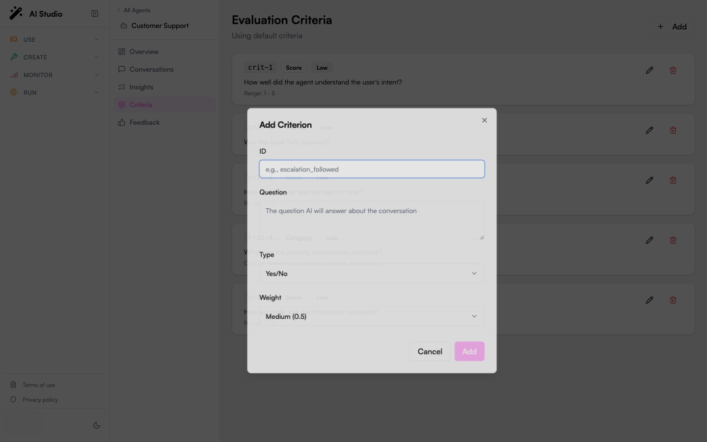 Add Criterion dialog with ID, Question, Type, and Weight fields