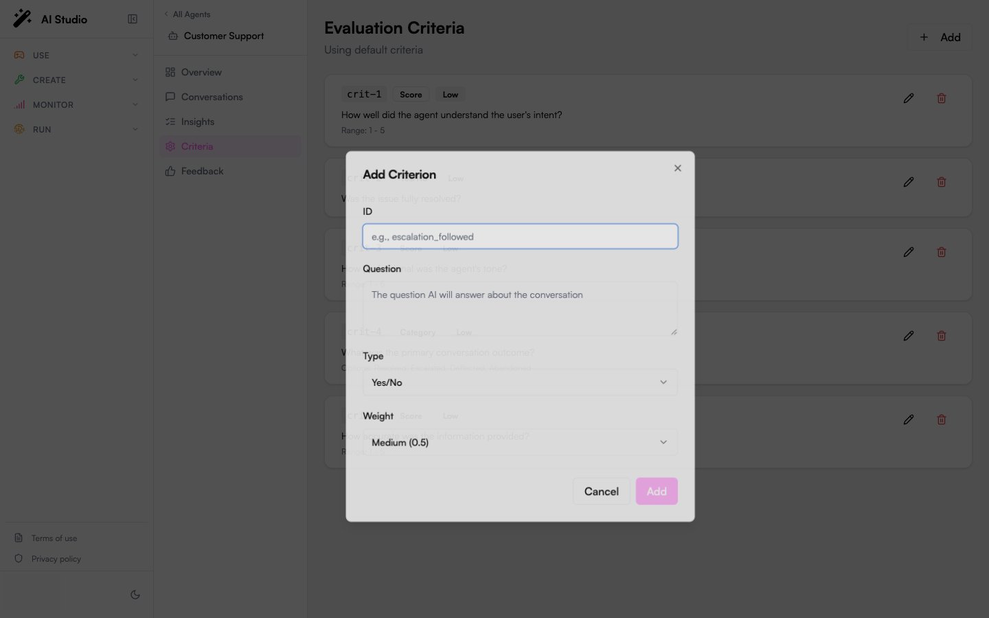 Add Criterion dialog with ID, Question, Type, and Weight fields