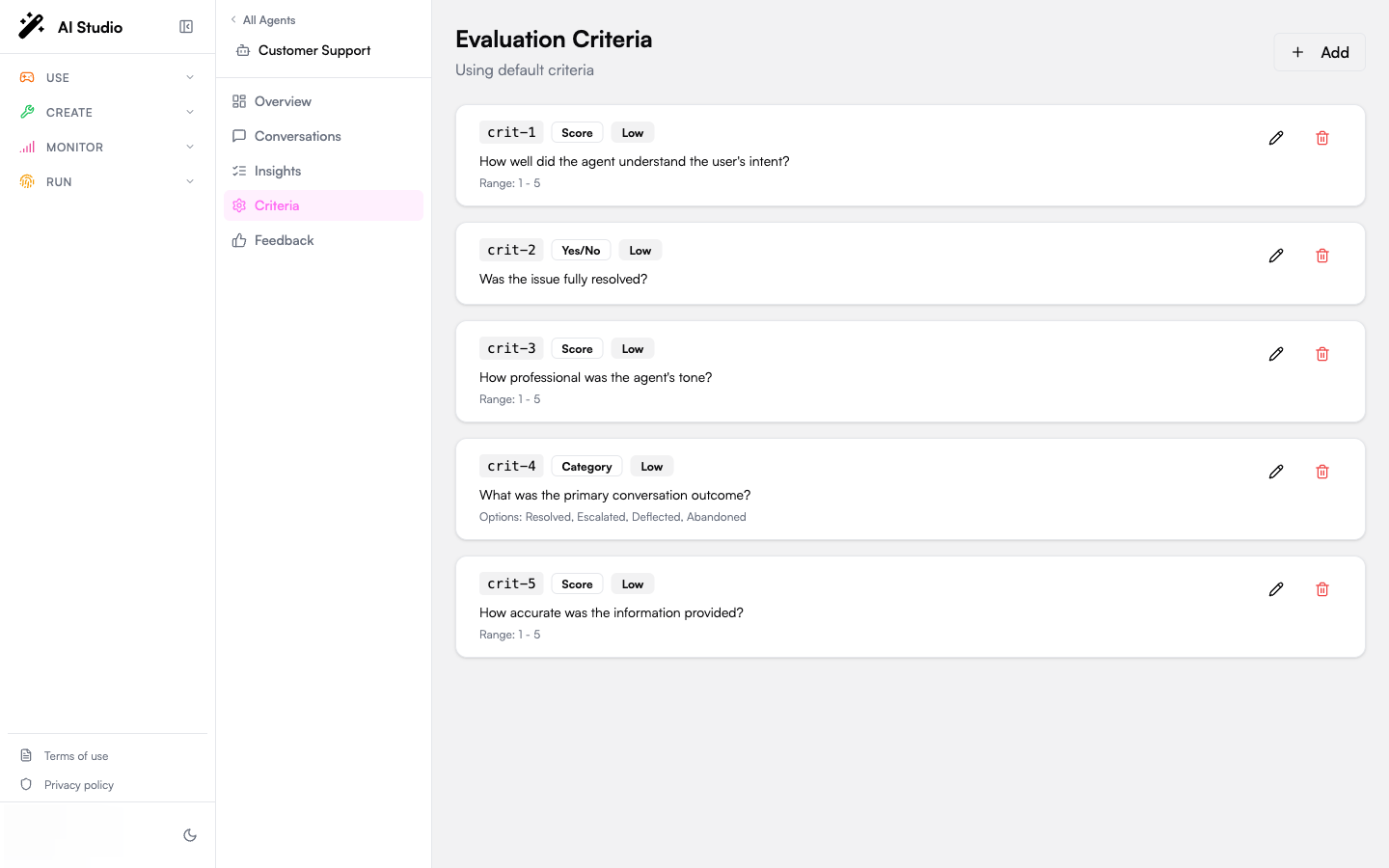 Evaluation Criteria page showing a list of criteria with type and weight badges