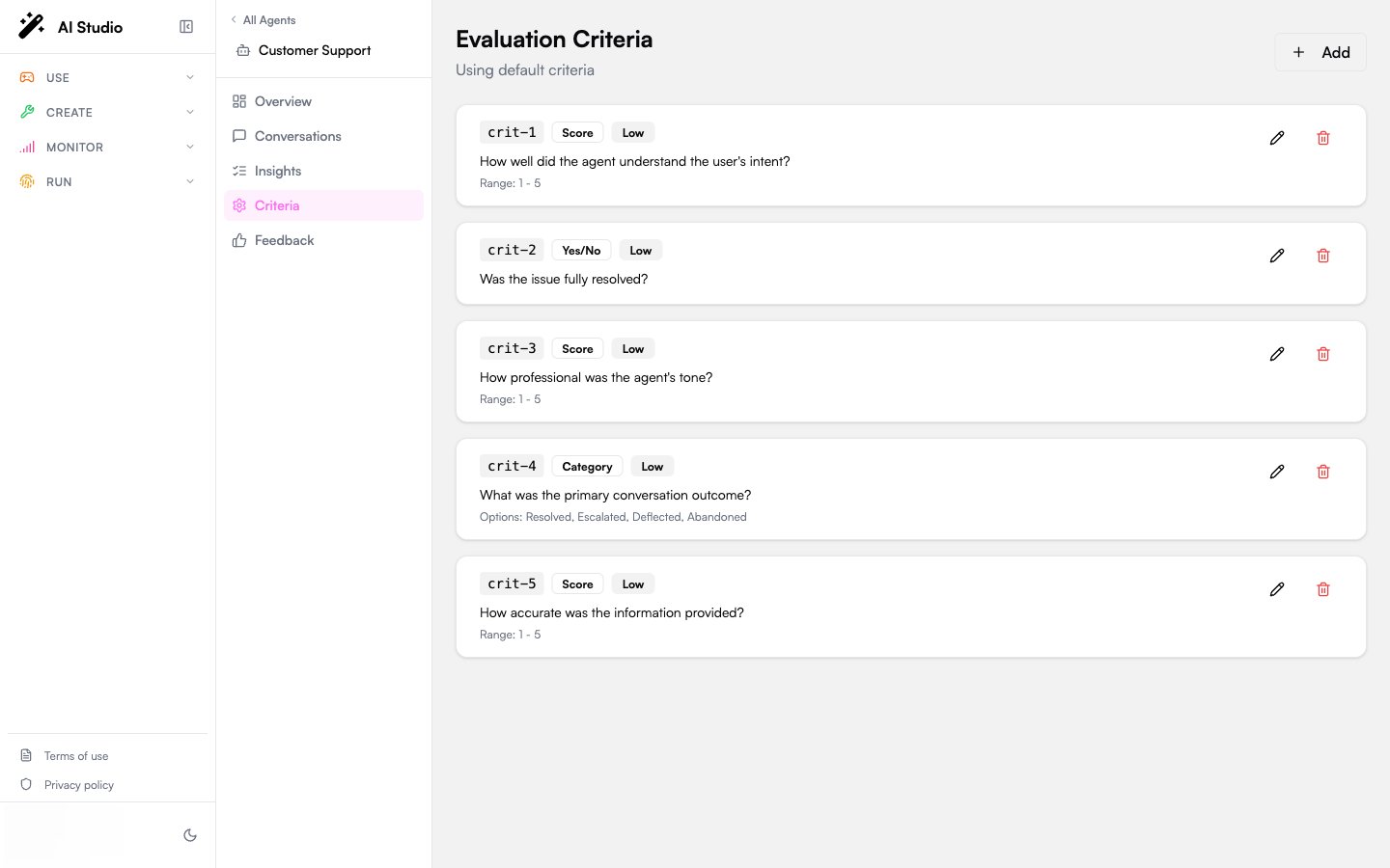Evaluation Criteria page showing a list of criteria with type and weight badges