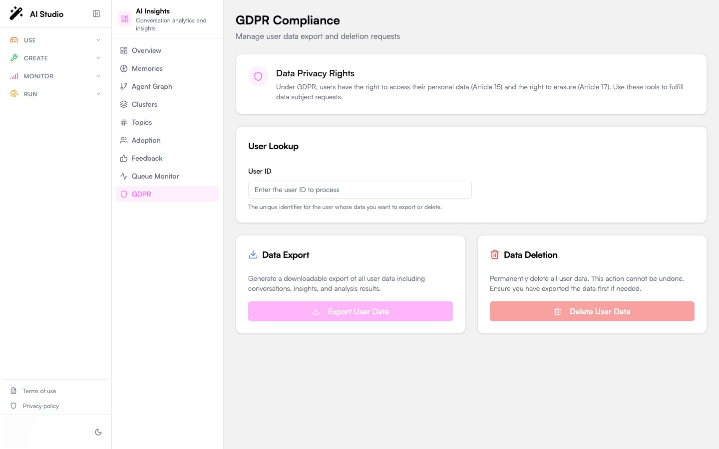 GDPR page with the Data Privacy Rights info card, User Lookup input, and the Data Export and Data Deletion cards