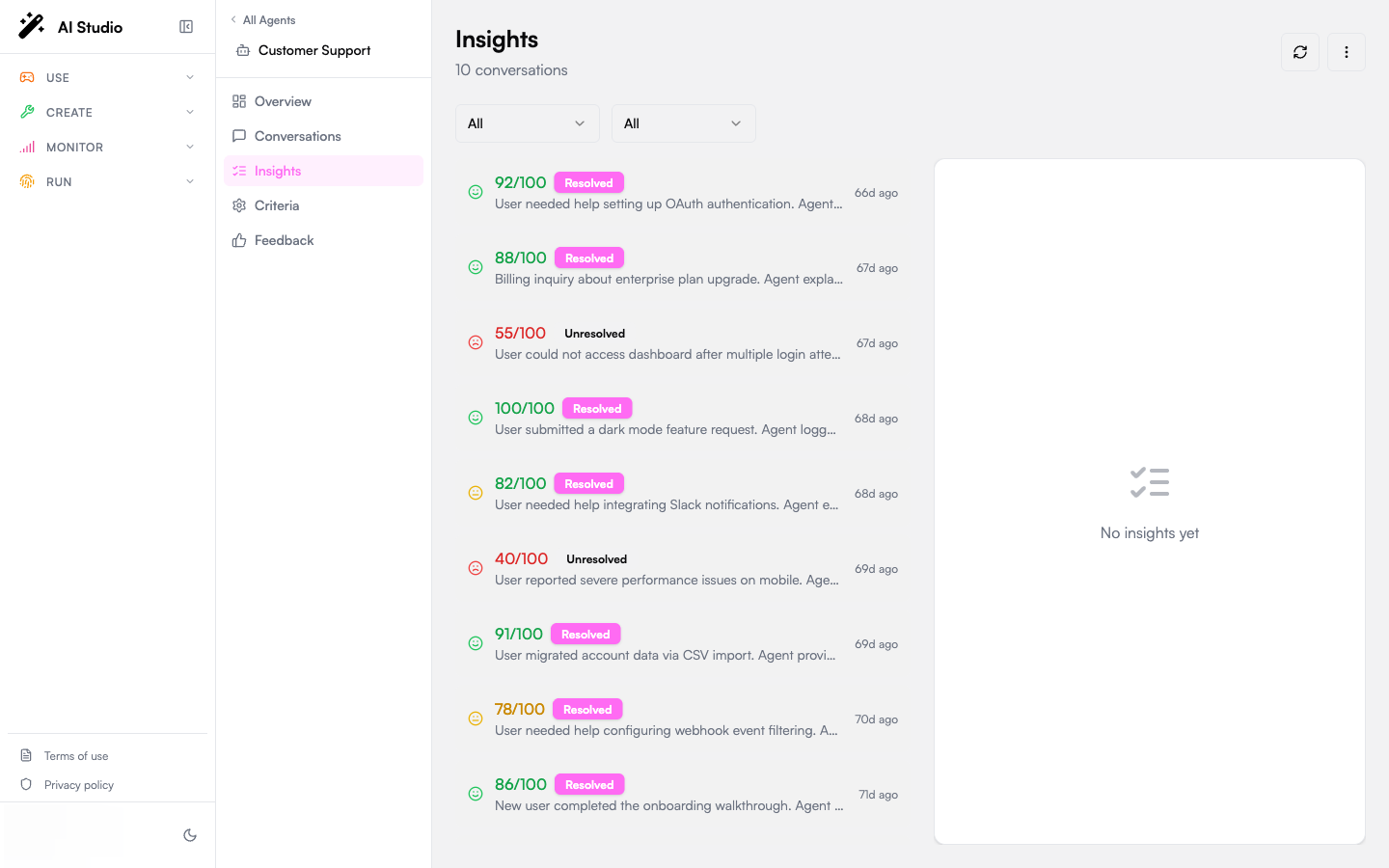 Insights page with sentiment and status filters, the insights list, and a detail panel showing Evaluations, Key Moments, and Token Usage