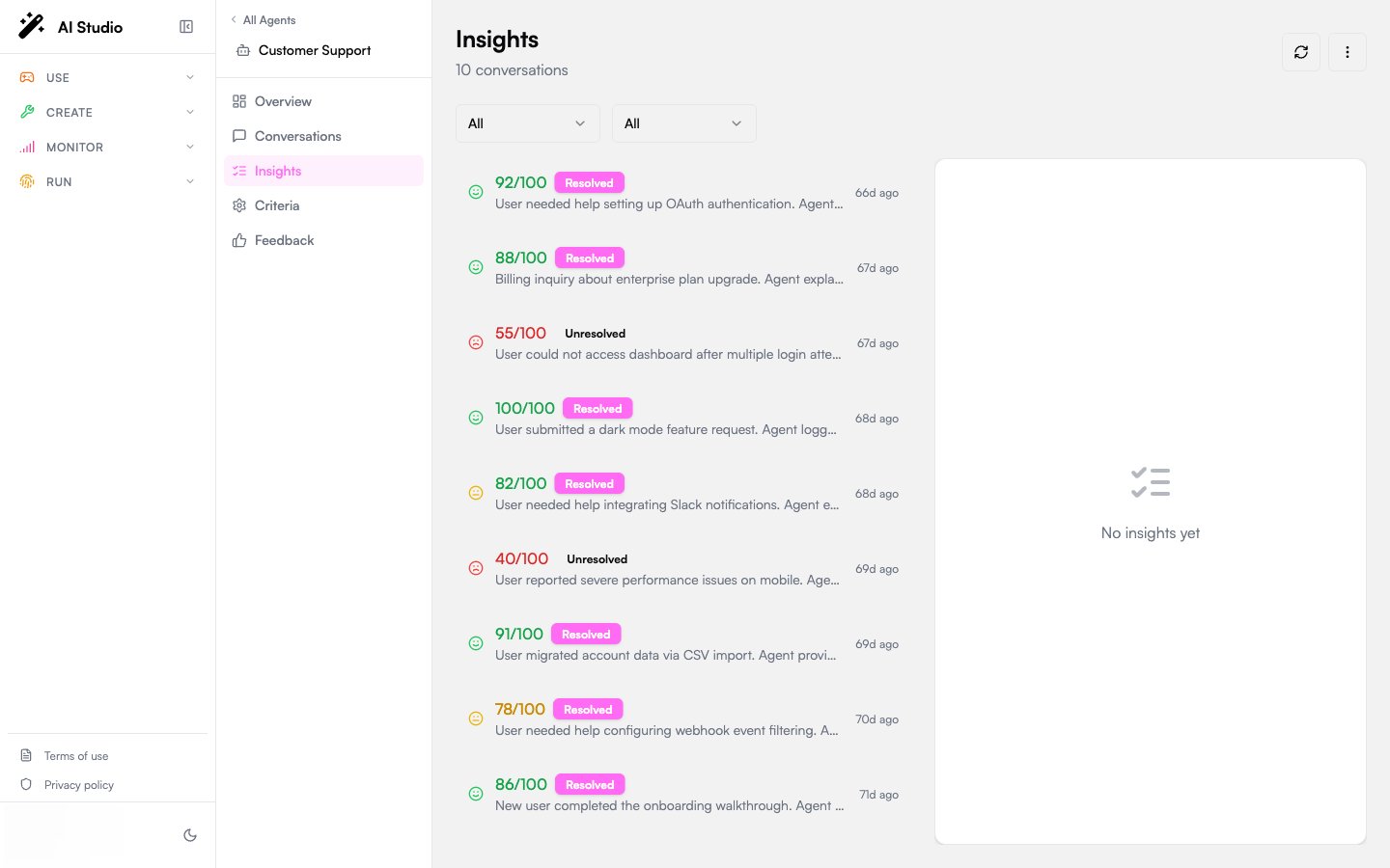 Insights page with sentiment and status filters, the insights list, and a detail panel showing Evaluations, Key Moments, and Token Usage