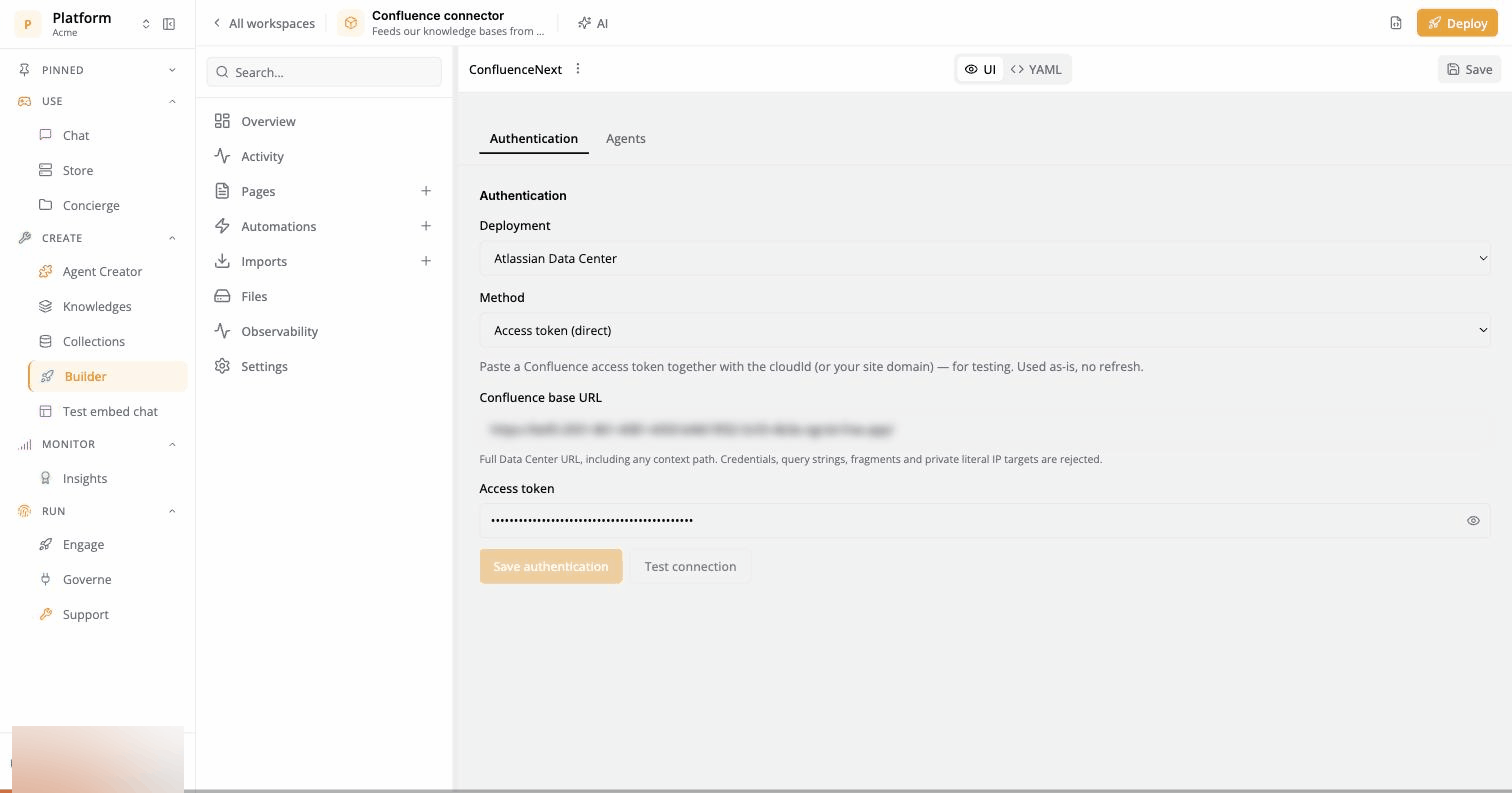 Authentication saved, Connection OK, then the Agents tab and Add to catalog, which reports Added to the Capabilities catalog