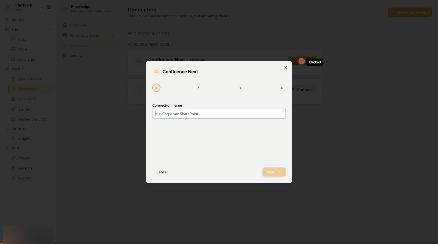 Knowledges Connectors: Connect, name the connection, pick the Engineering space, turn per-reader permissions off, create a knowledge base, Save & Connect