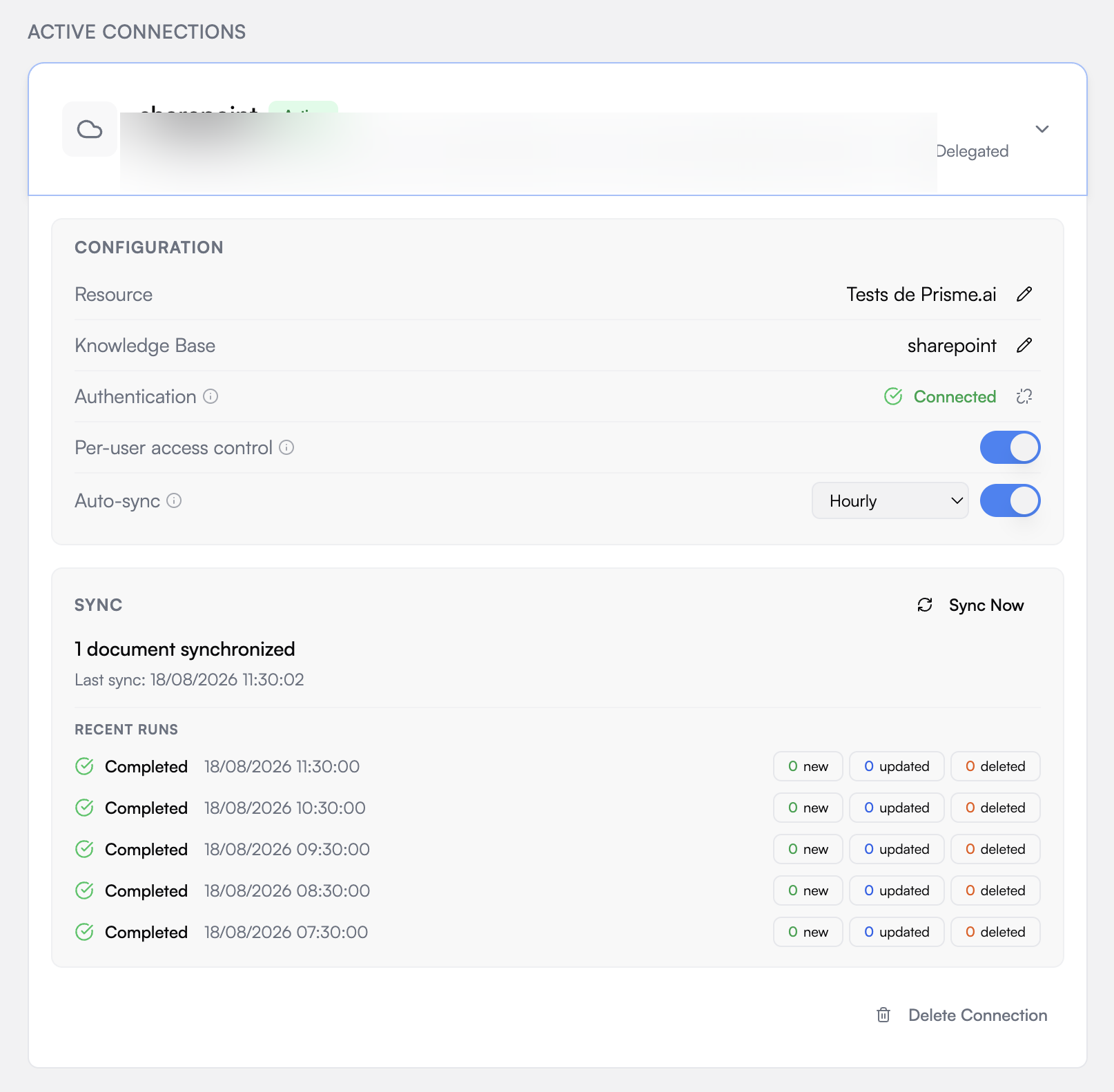 An unfolded connection: configuration rows, sync totals, and the last runs with their new / updated / deleted counters