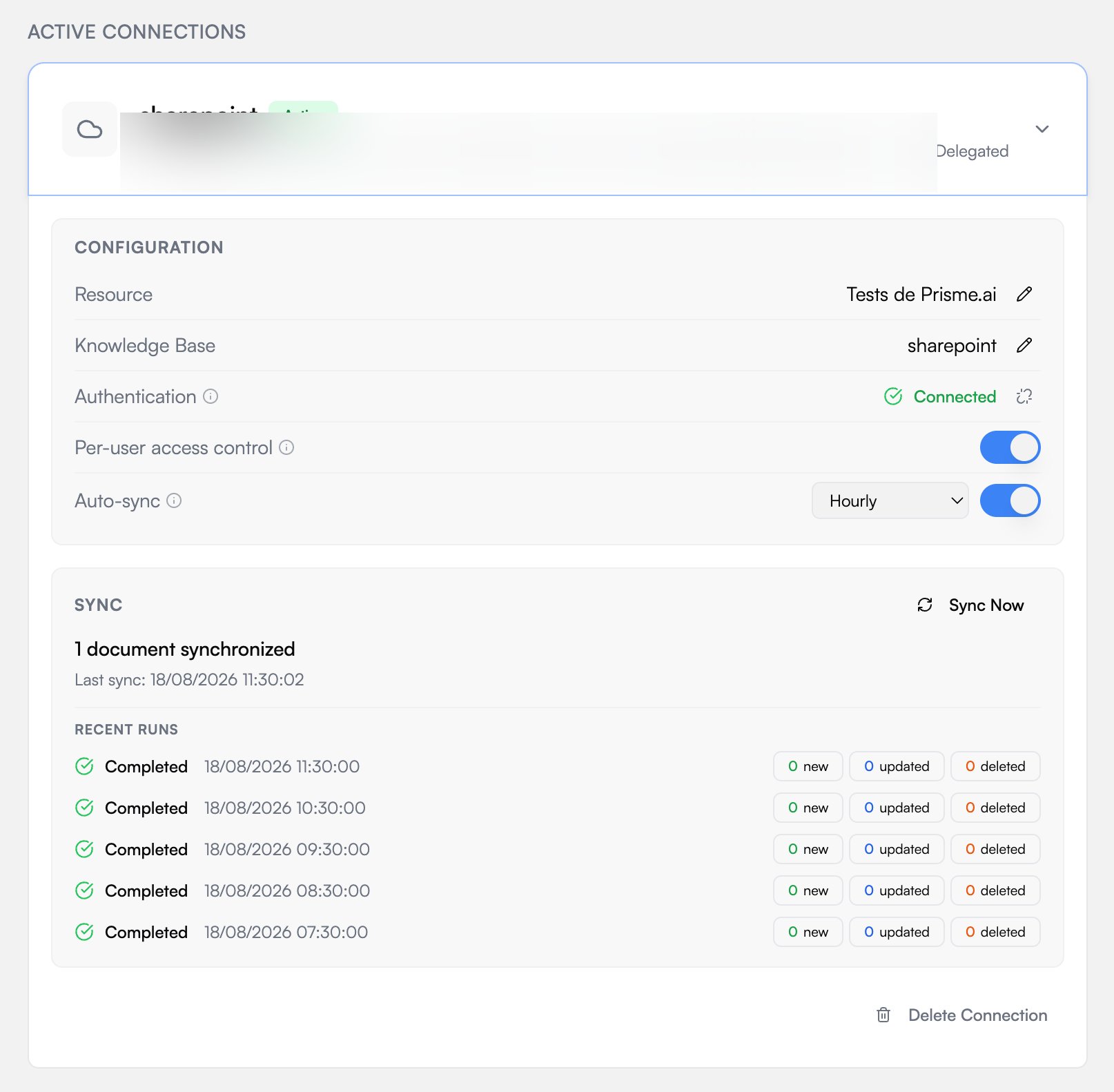 An unfolded connection: configuration rows, sync totals, and the last runs with their new / updated / deleted counters