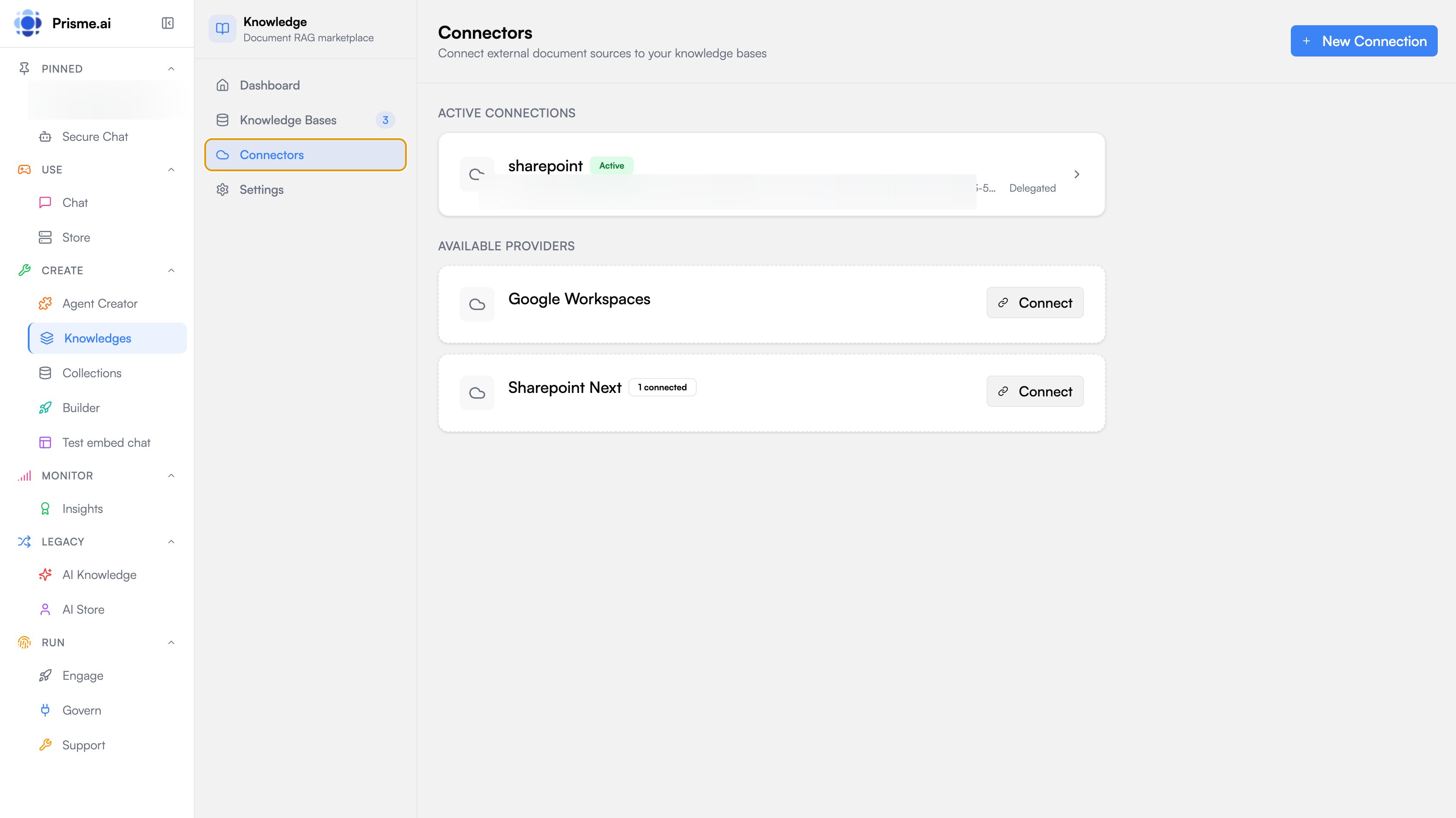 The Connectors page: one active connection, and the providers available to set up