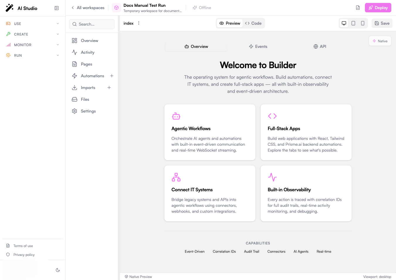 Builder page preview with the Pages section selected