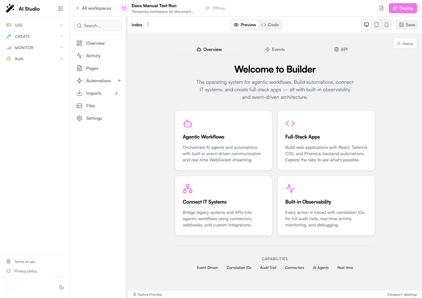 Builder page preview with the Pages section selected
