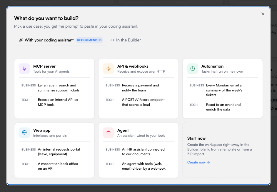 What do you want to build: pick a use case, or create the workspace right away