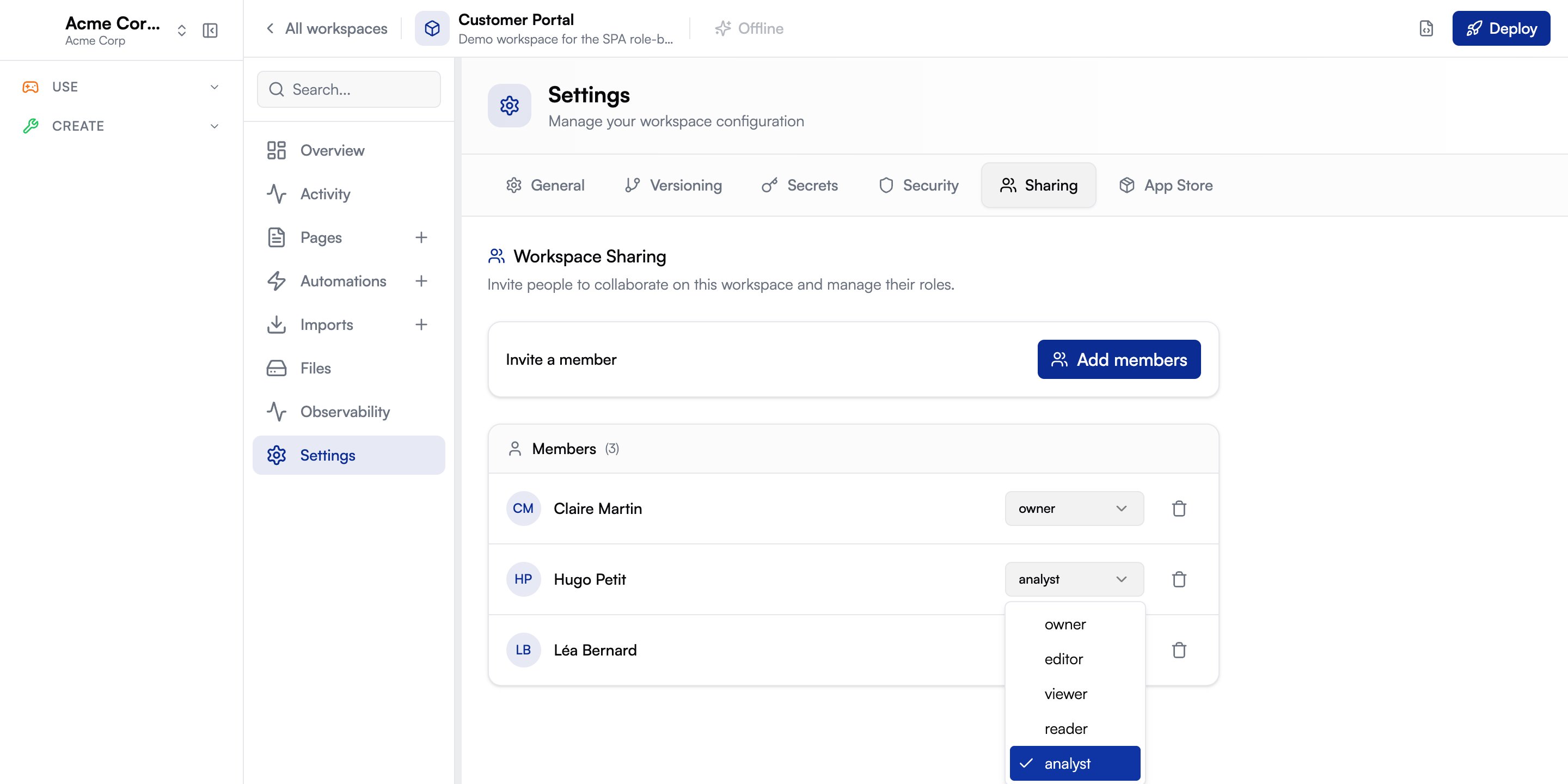 Settings › Sharing: members of the workspace with their custom roles