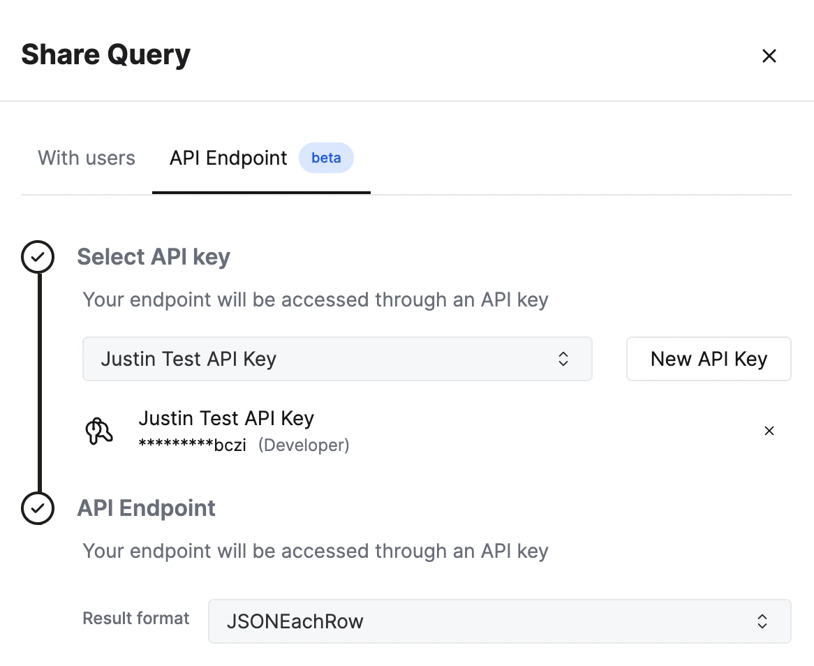 ClickHouse Cloud interface showing Query Endpoints configuration with output format options