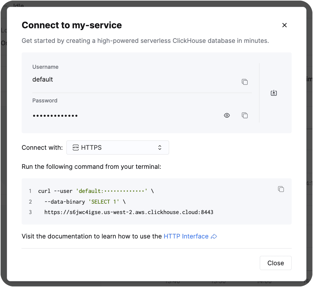 Connect button in the ClickHouse Cloud console (light mode)