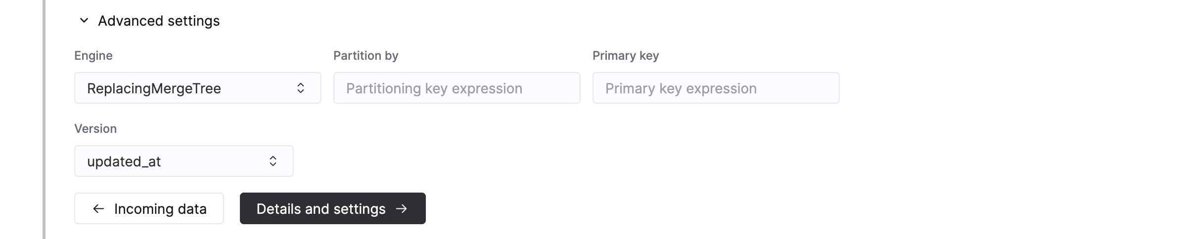 Advanced settings with the ReplacingMergeTree engine and updated_at as the version column