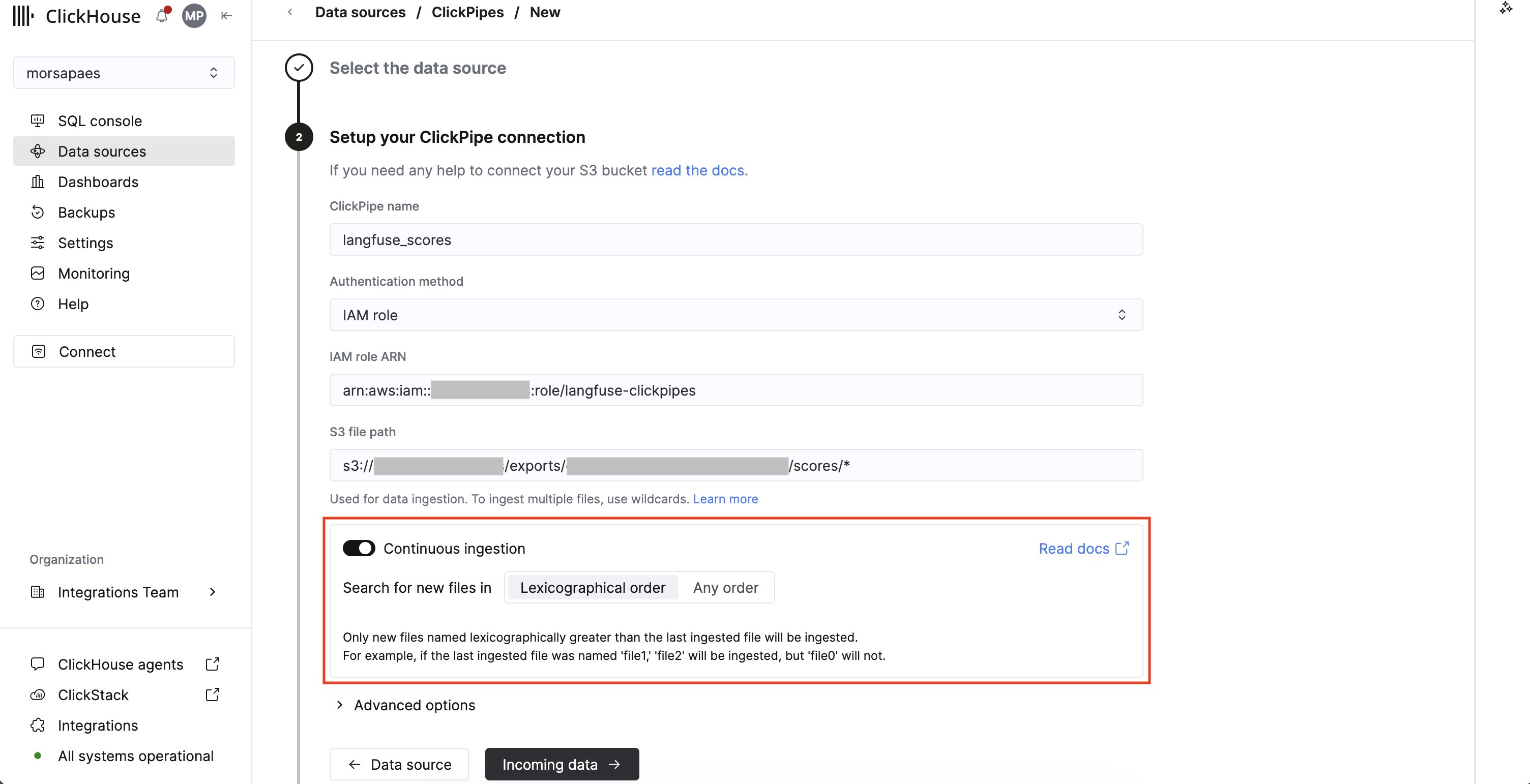 Connection details for a Langfuse export, with continuous ingestion enabled.