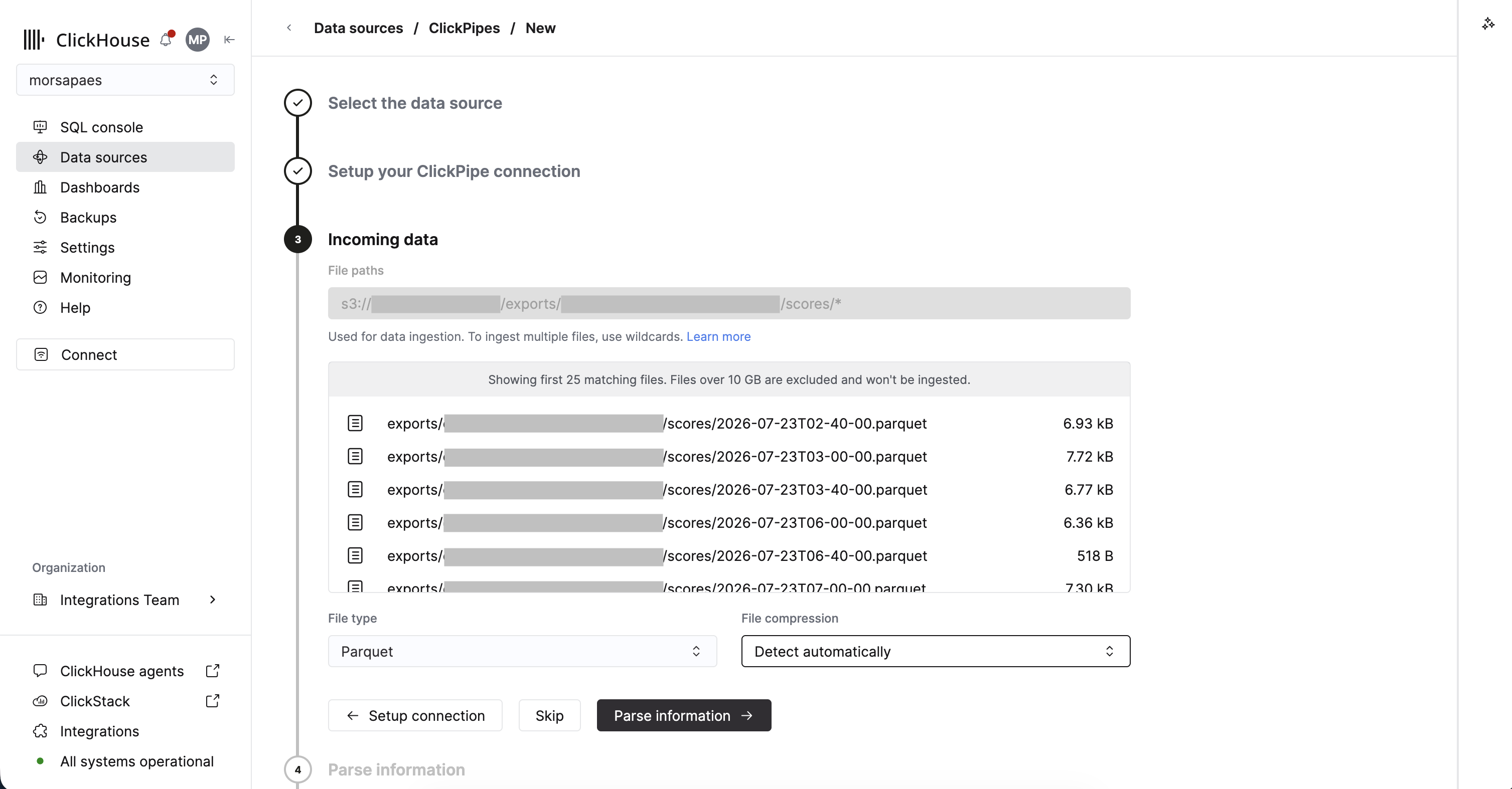 Files matching the Langfuse export path, with the file type set to Parquet