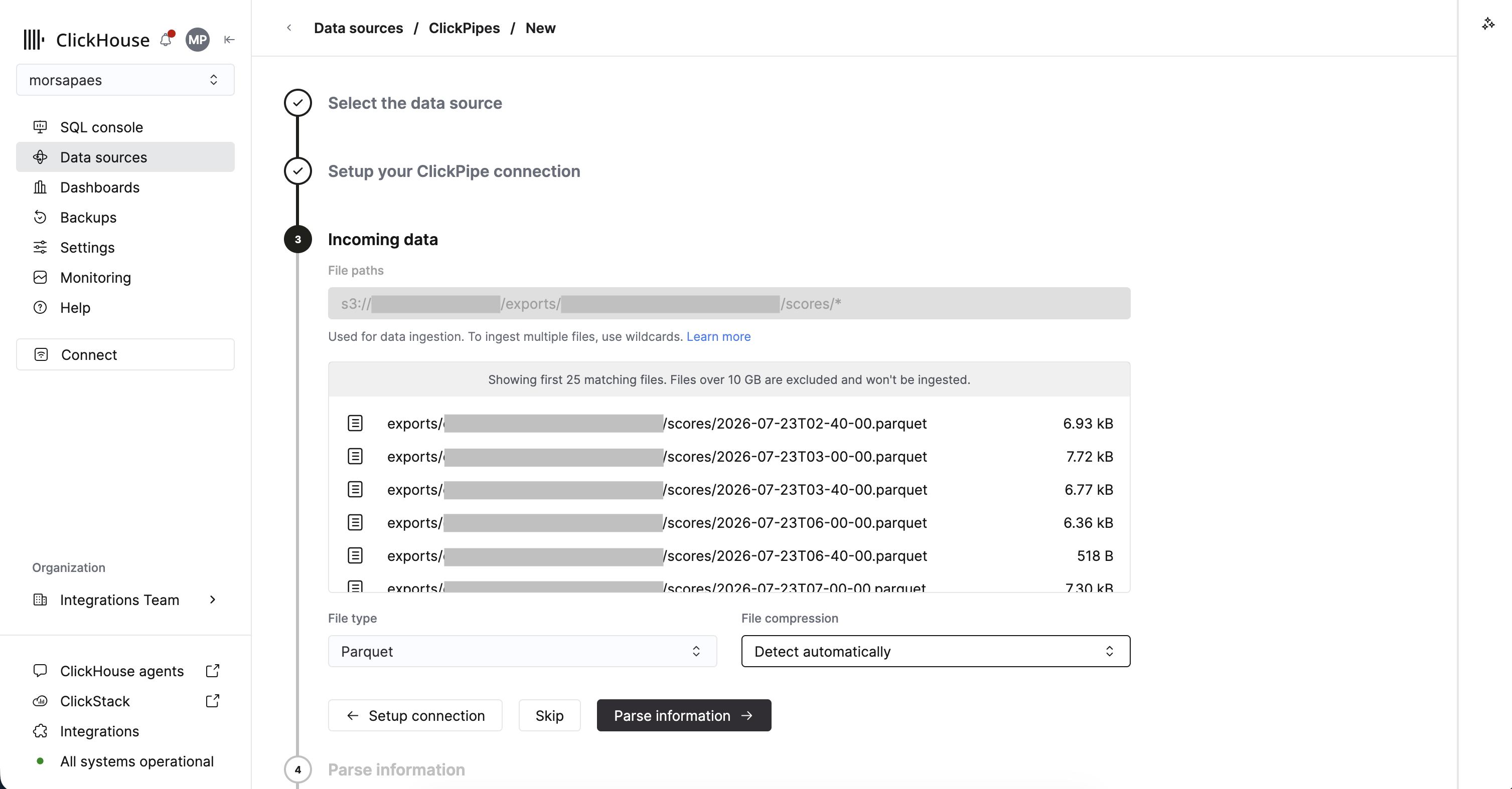 Files matching the Langfuse export path, with the file type set to Parquet