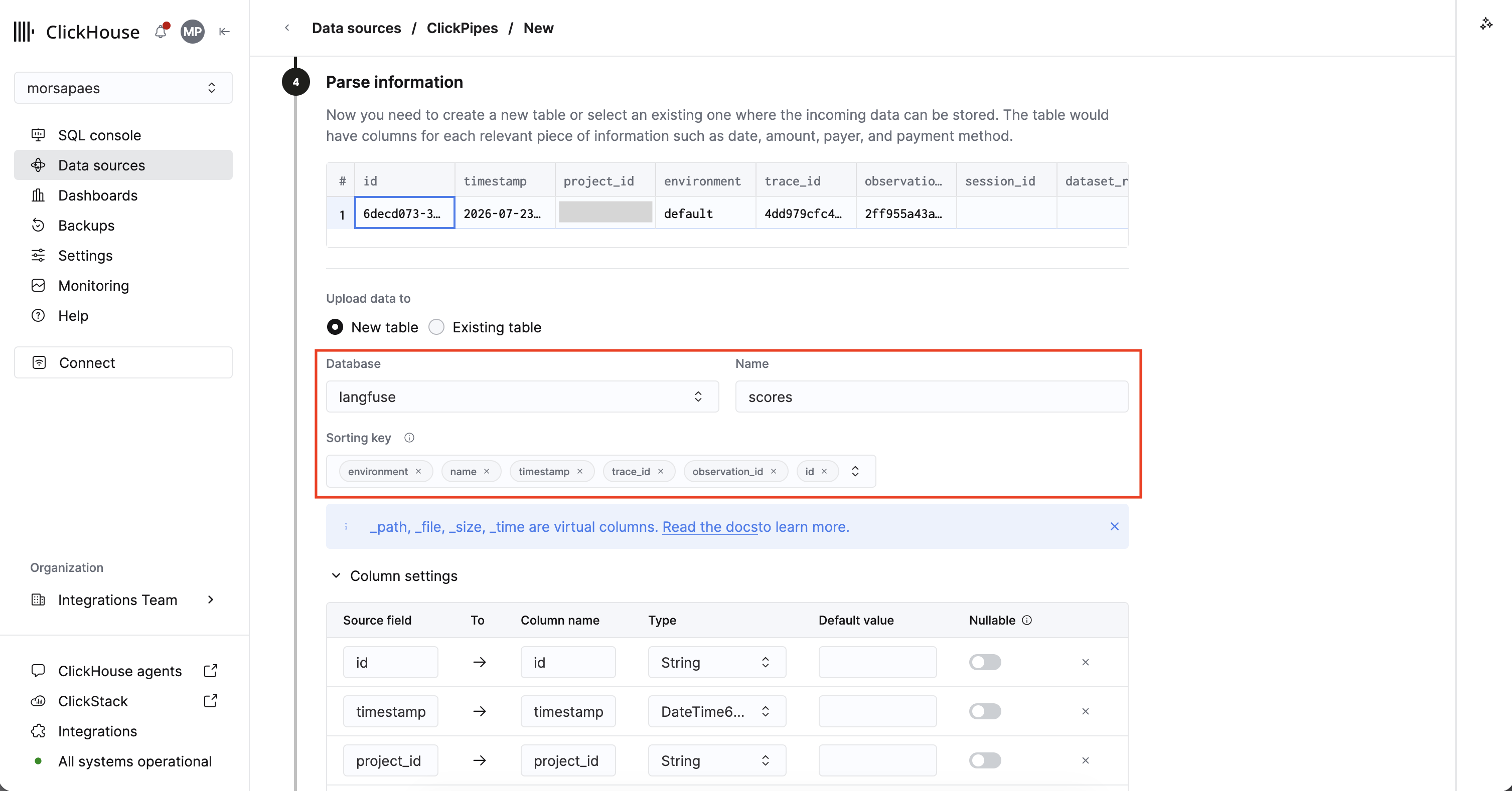 A scores export writing to a dedicated langfuse database, with the sorting key set to environment, name, timestamp, trace_id, observation_id and id