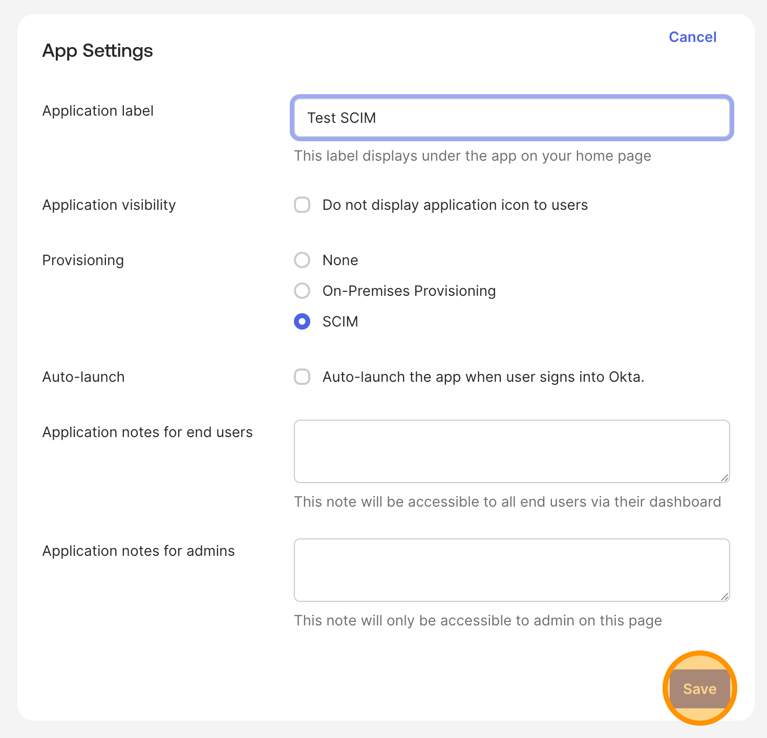 Set provisioning mode to SCIM in the Okta application settings