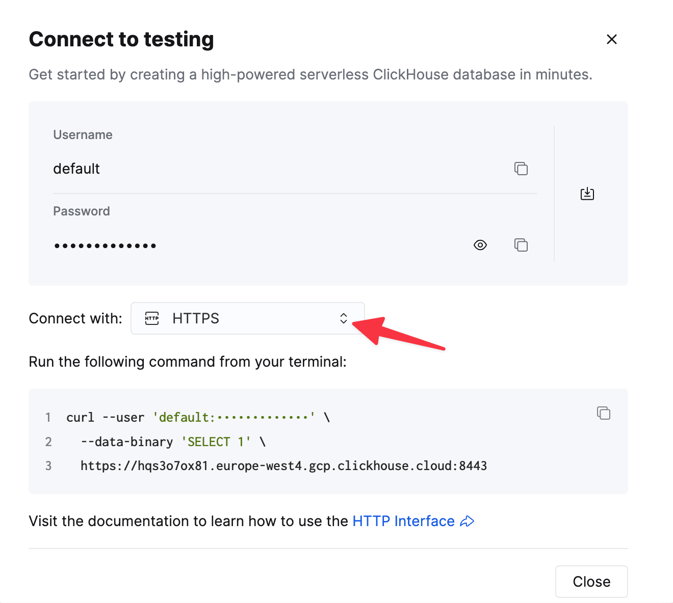 ClickHouse Cloud HTTPS connection details