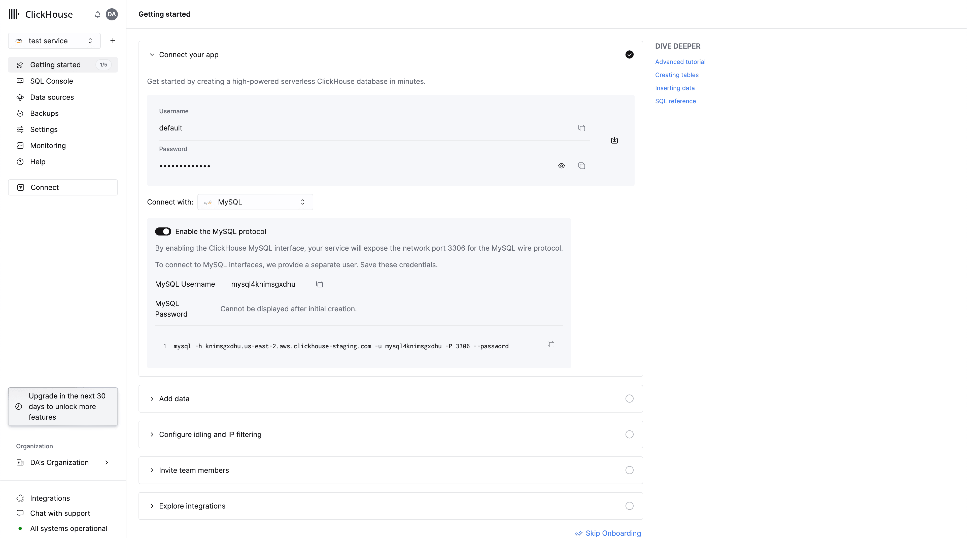ClickHouse Cloud MySQL interface enabling toggle and connection details