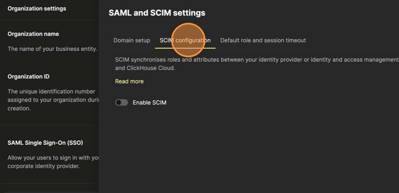 在组织设置中进入 SCIM 配置选项卡