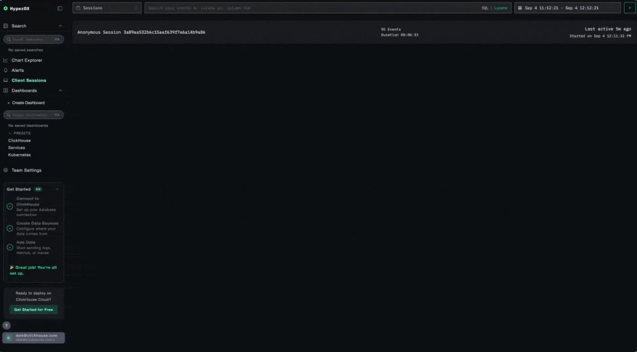 在 ClickStack 中从会话回放深入查看后端链路追踪