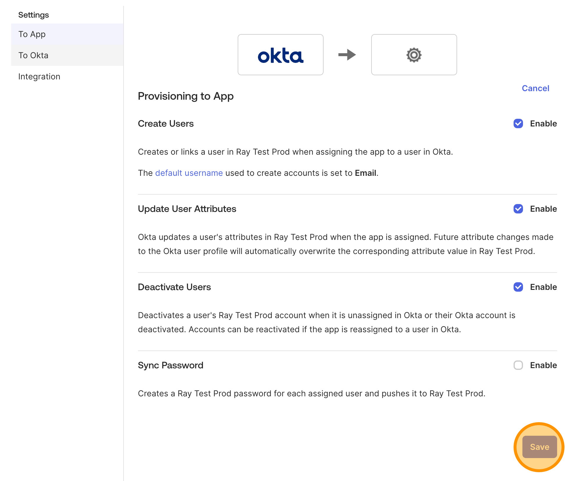 Сохранение настроек Provisioning и возврат на вкладку Sign On
