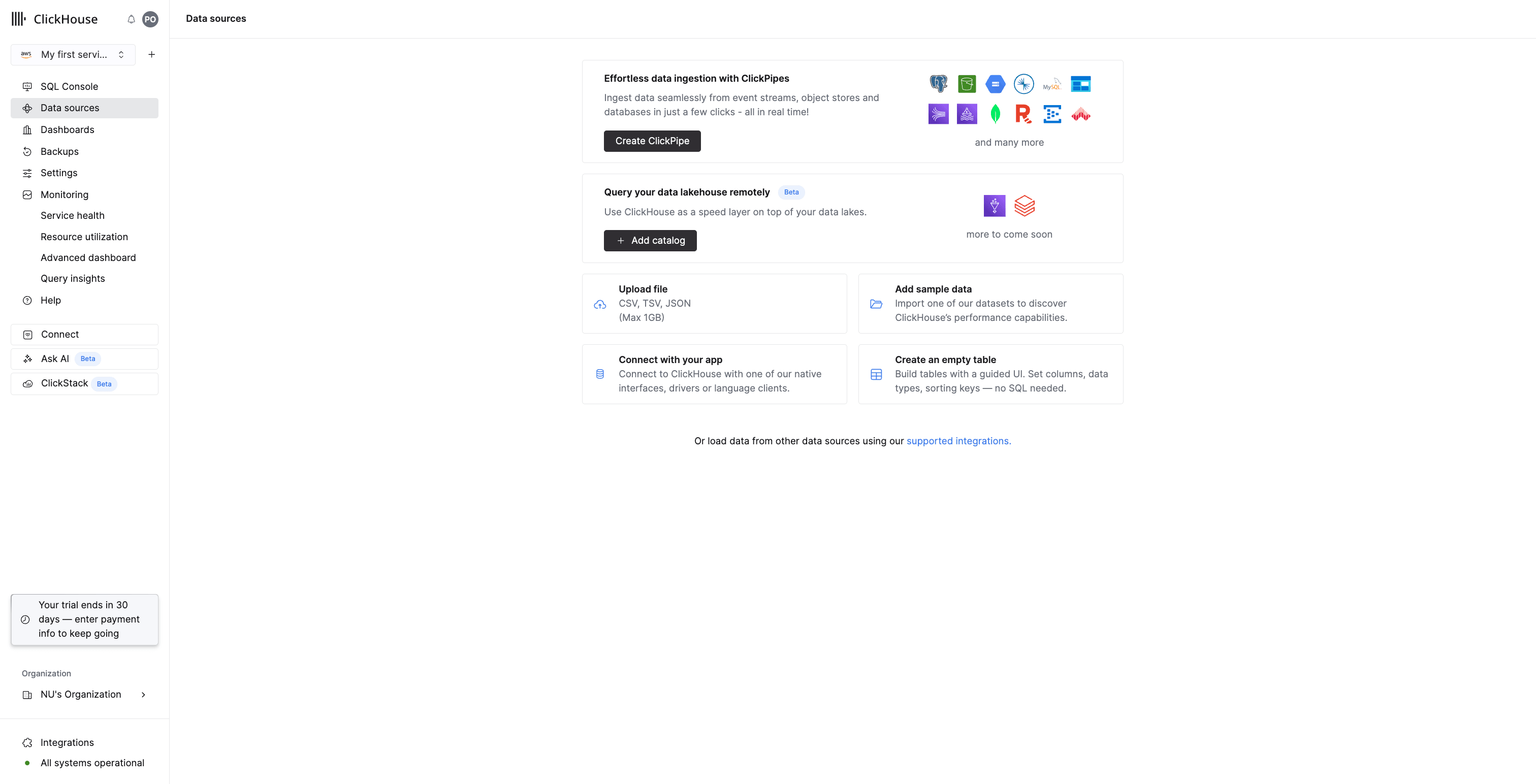 ClickHouse Cloud 数据源页面