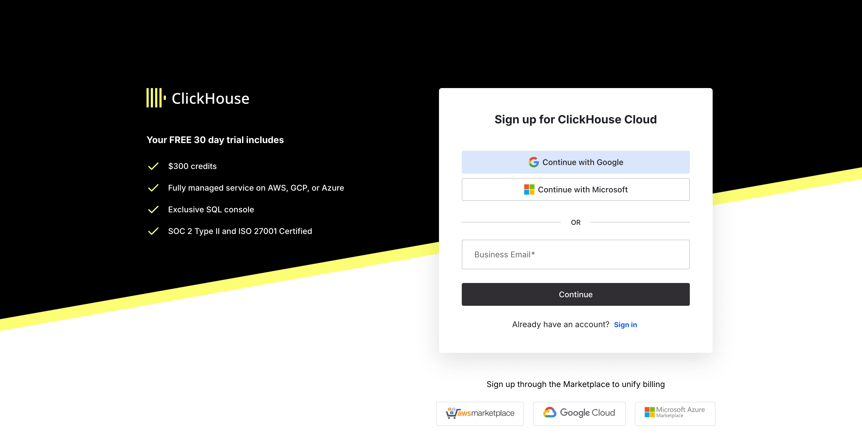 ClickHouse Cloud 注册页面