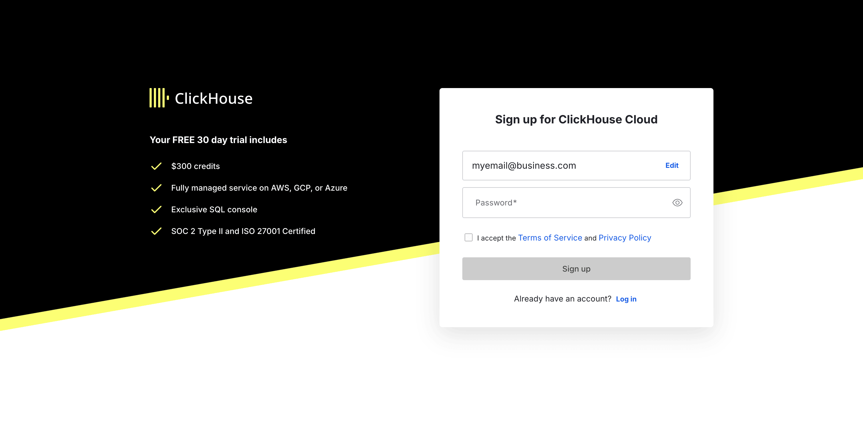 带有密码字段的 ClickHouse Cloud 邮箱注册页面