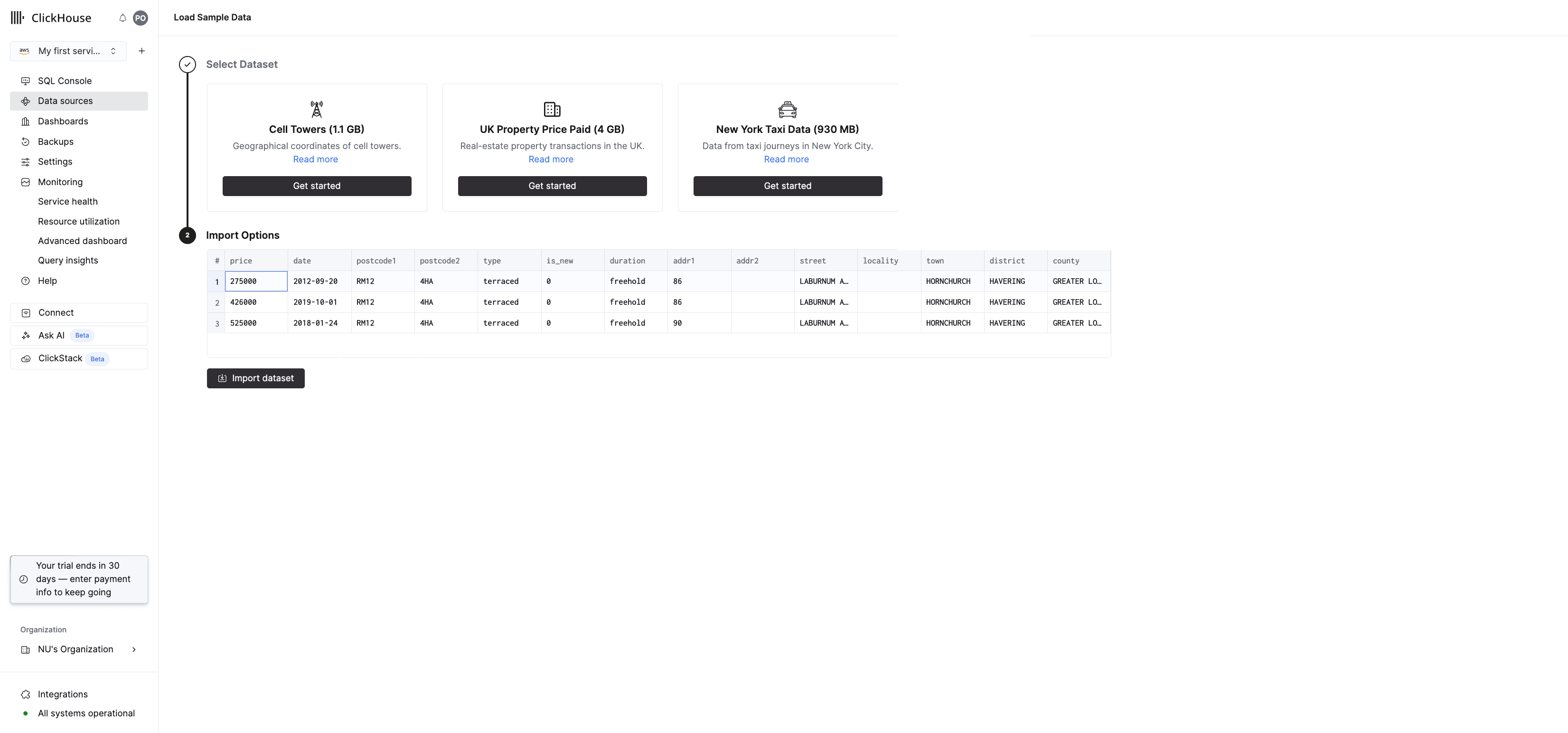 带英国房产数据的 ClickHouse Cloud 数据集导入预览