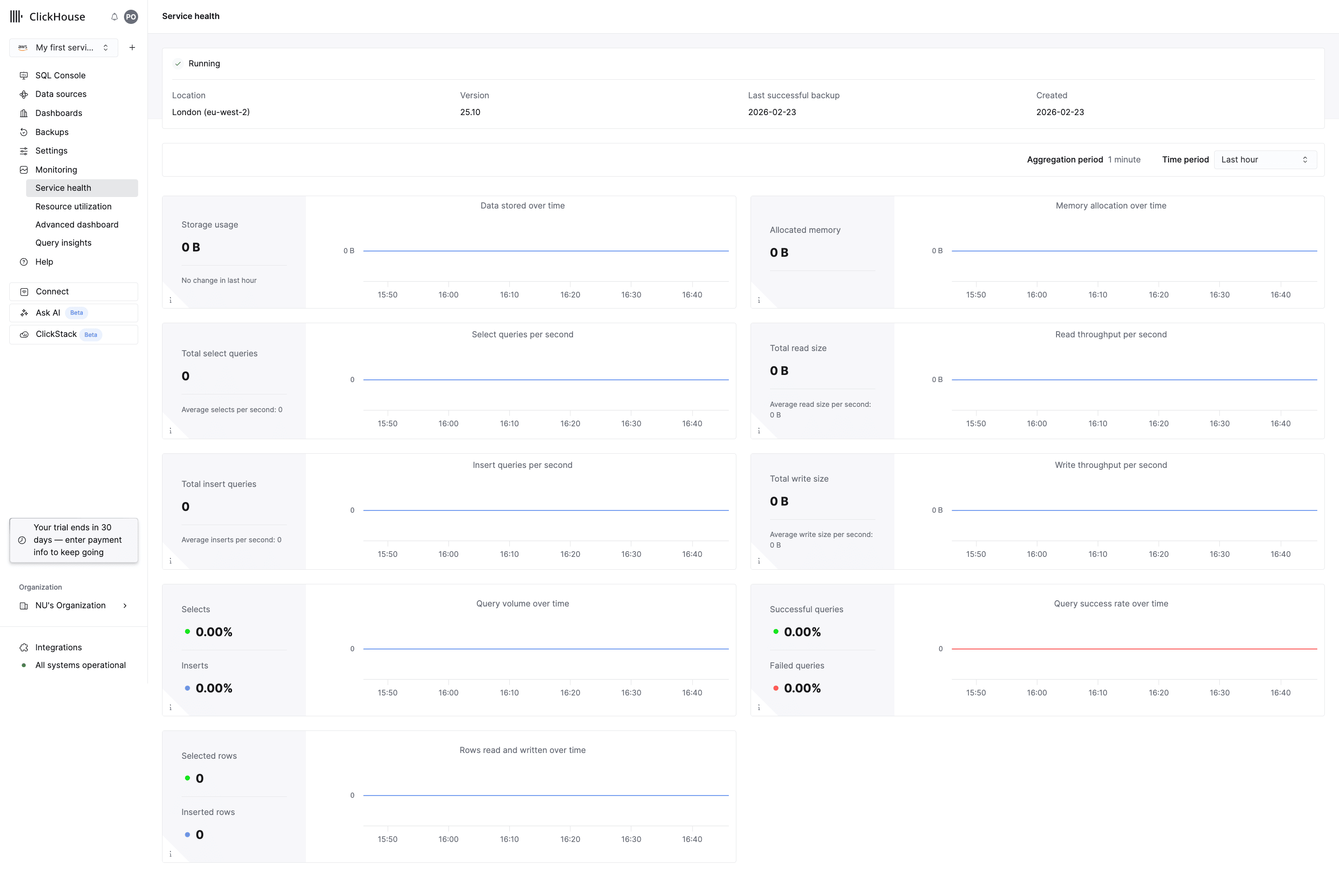 显示 Running 状态的 ClickHouse Cloud 服务主页