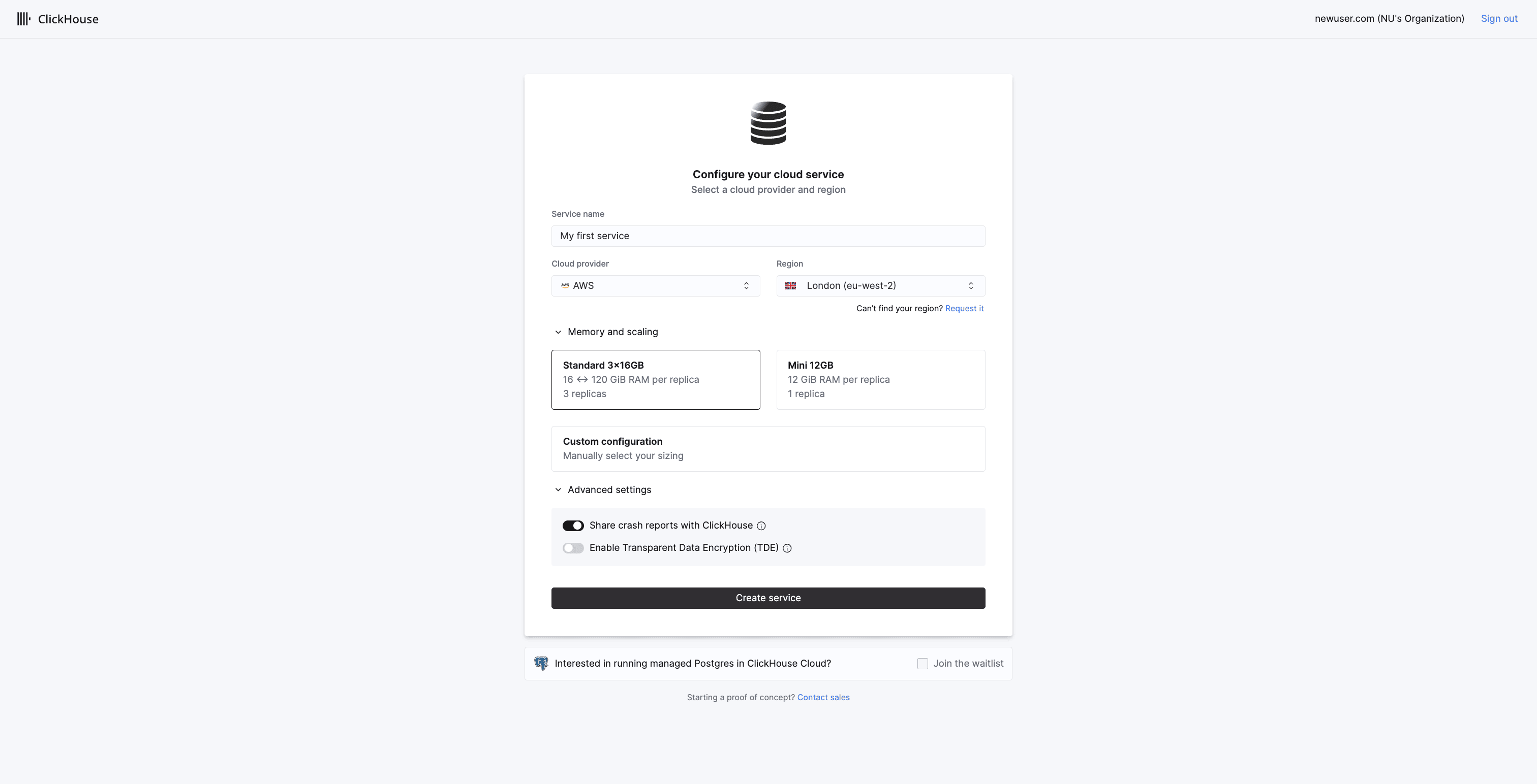 ClickHouse Cloud 服务配置页面