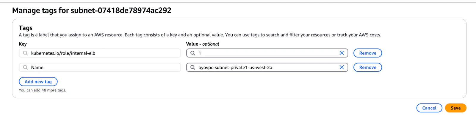 BYOC VPC Subnet Tags