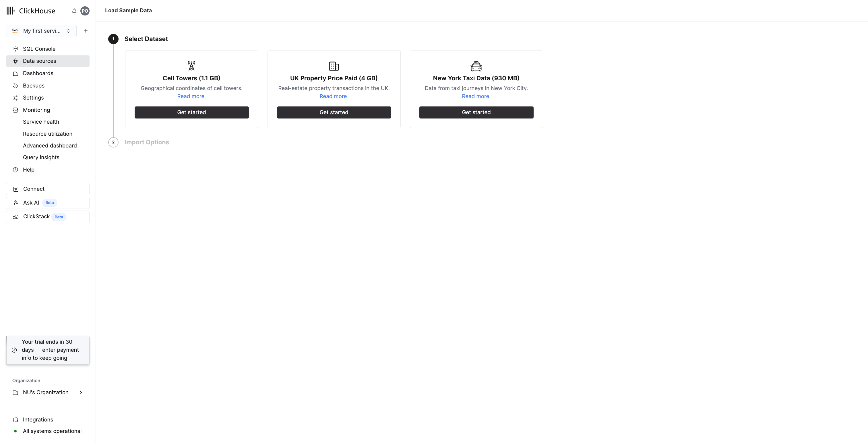 Seleção de conjuntos de dados de exemplo do ClickHouse Cloud