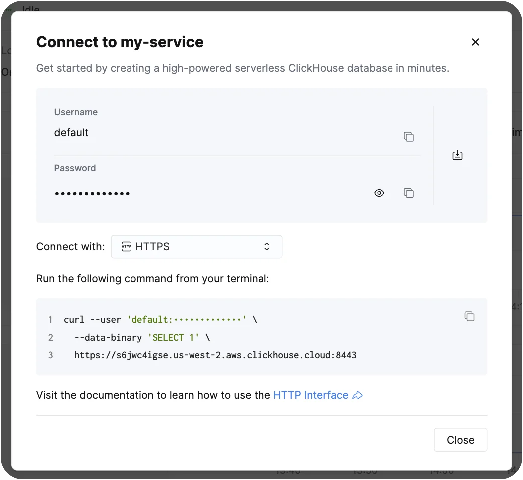 Connect button in the ClickHouse Cloud console (light mode)