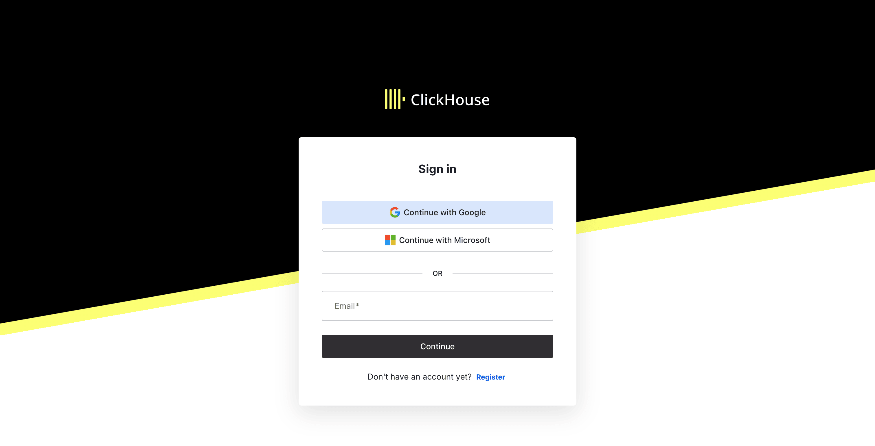 Register 링크가 있는 ClickHouse Cloud 로그인 페이지