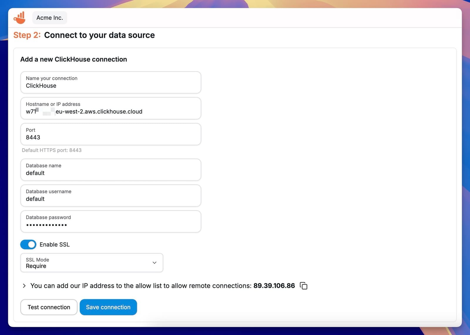 Configuración de la conexión de ClickHouse en Chartbrew