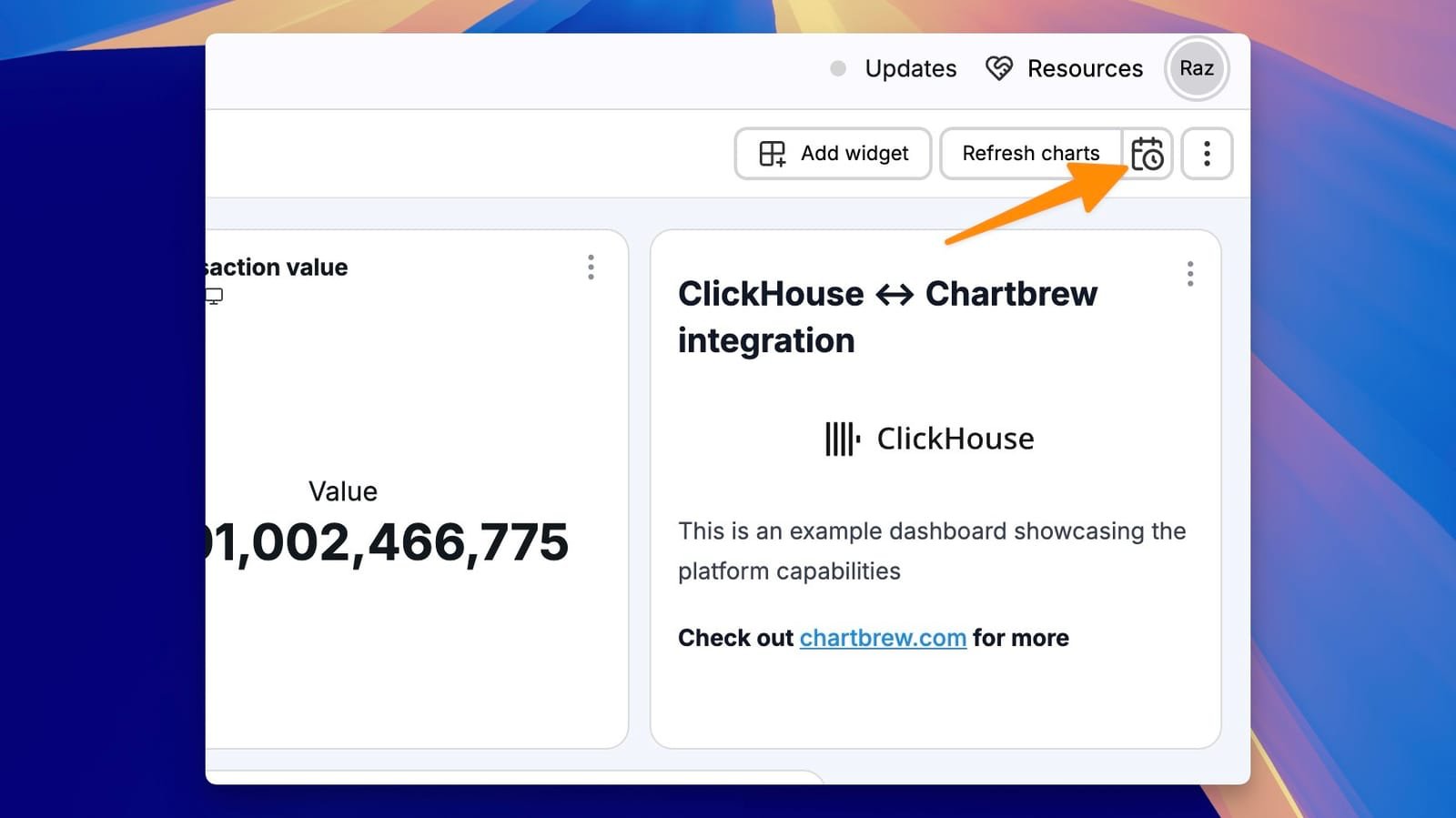 Configuración de actualización del conjunto de datos en Chartbrew