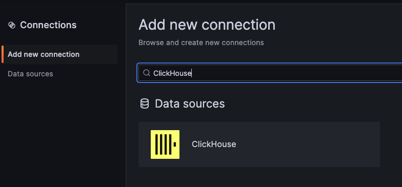 Connections 페이지에서 ClickHouse 플러그인 선택